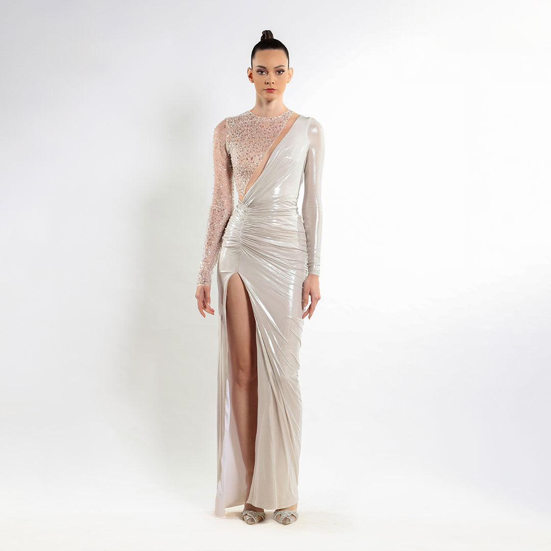 chrome silver dress Mugler High Neck Mini Dress in Chrome Silver & Nude 01