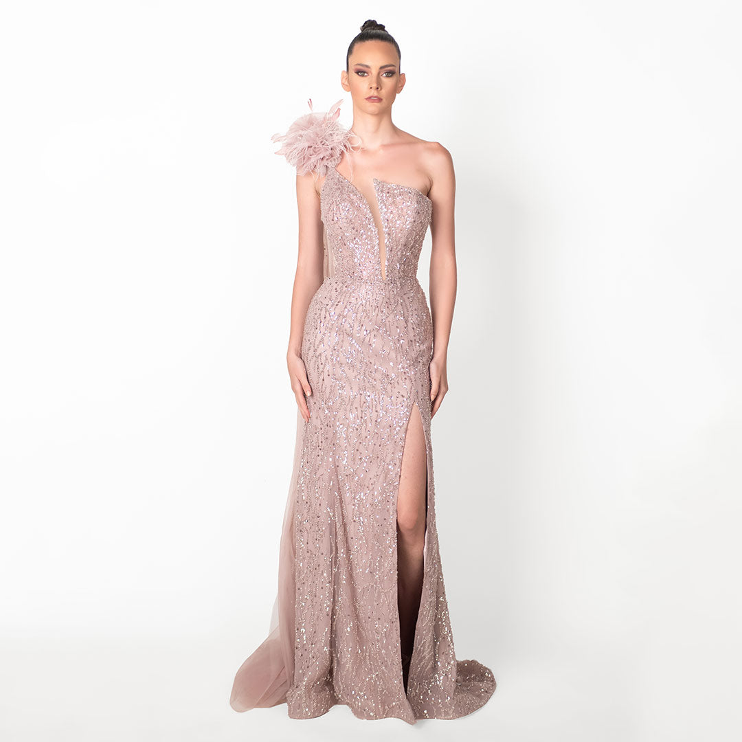 Retro Glamour One-Shoulder Sheath Dress with Thigh-High Slit