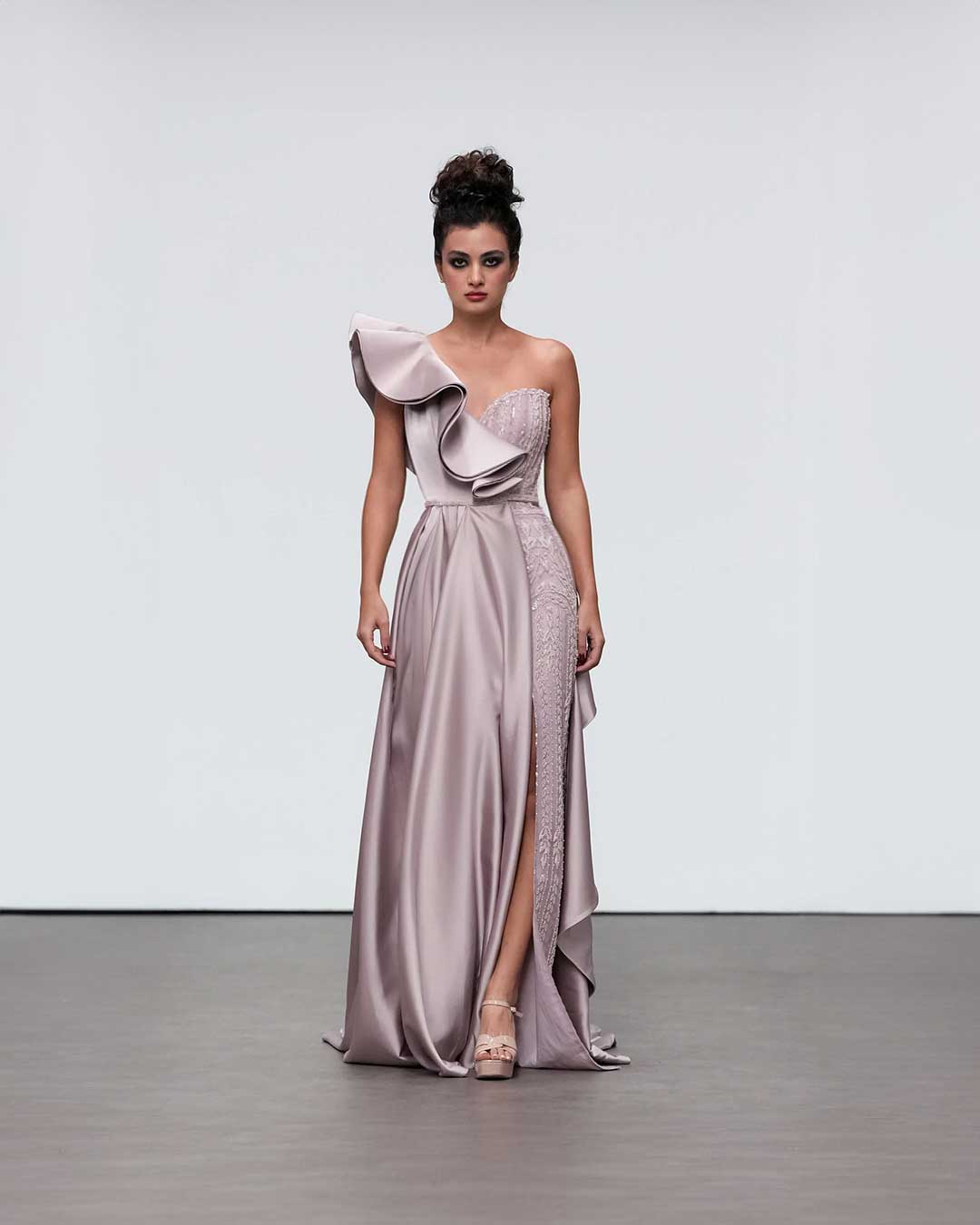silver asymmetrical dress One-Shoulder Gown with Ruffle Detail – Designers & Us Color:mulberry Top Andrea&Leo 90s Medium Sequin Party Asymmetrical silhouette