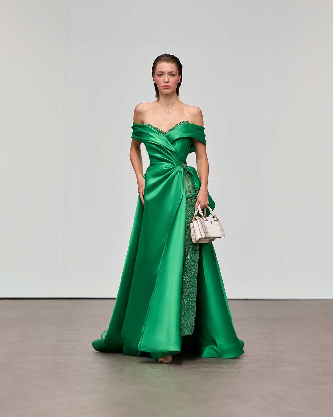 Elegant Off-the-Shoulder Emerald Mikado Dress – Designers & Us