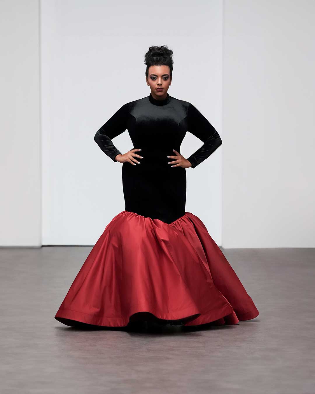 Luxe Black Velvet and Crimson Gown – Regal Long Sleeve Dress for Formal  Events – Designers & Us