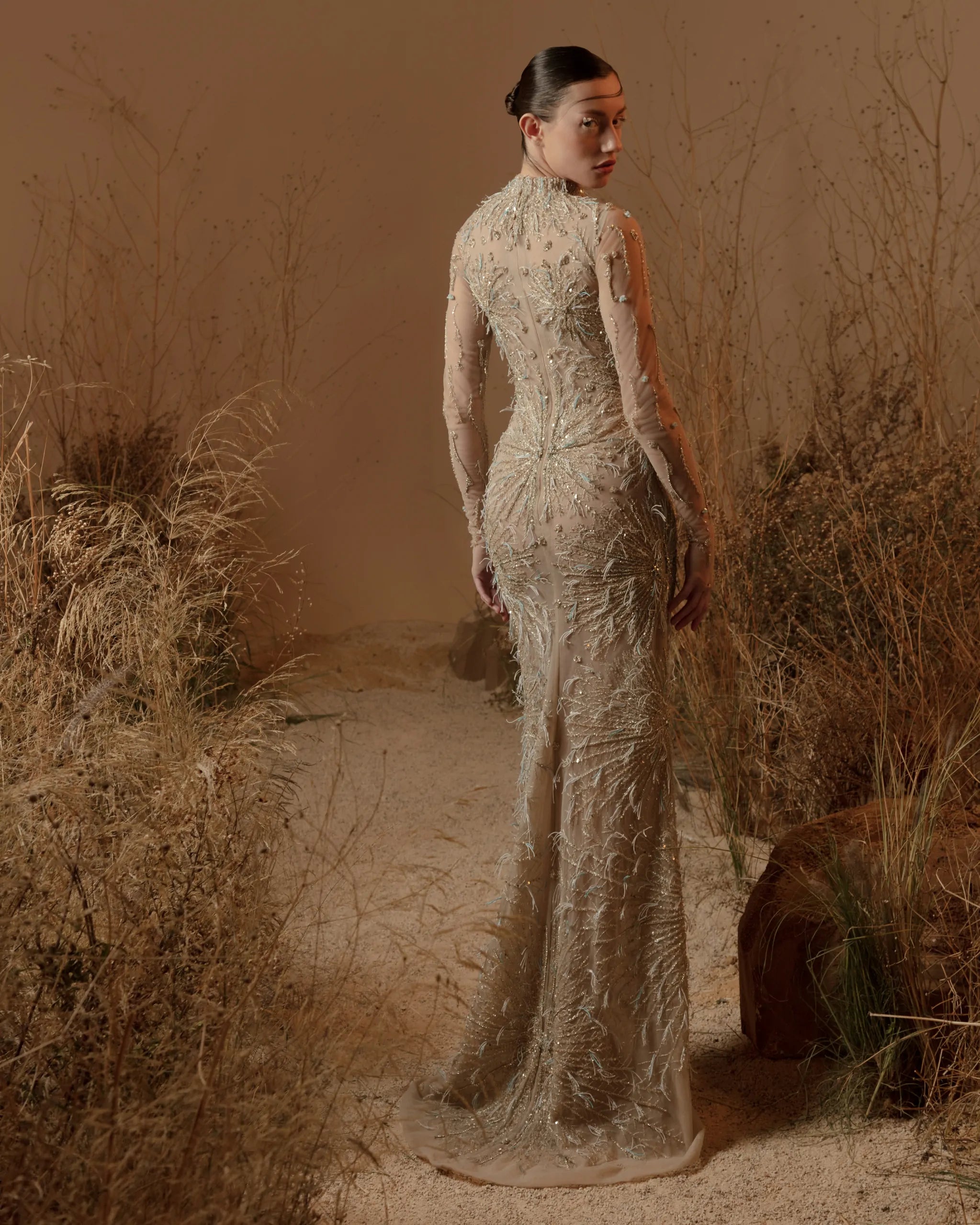 Golden Eclipse Dress – Luxury Gold Beaded High-Neck Long-Sleeve Gown