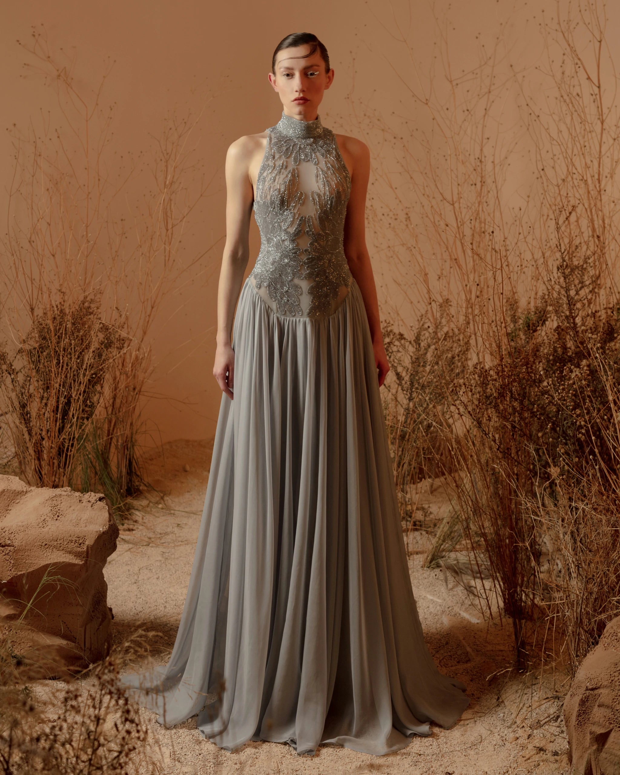 Moonlit Grace Dress – Luxury Silver-Blue High Neck Embellished Evening Gown