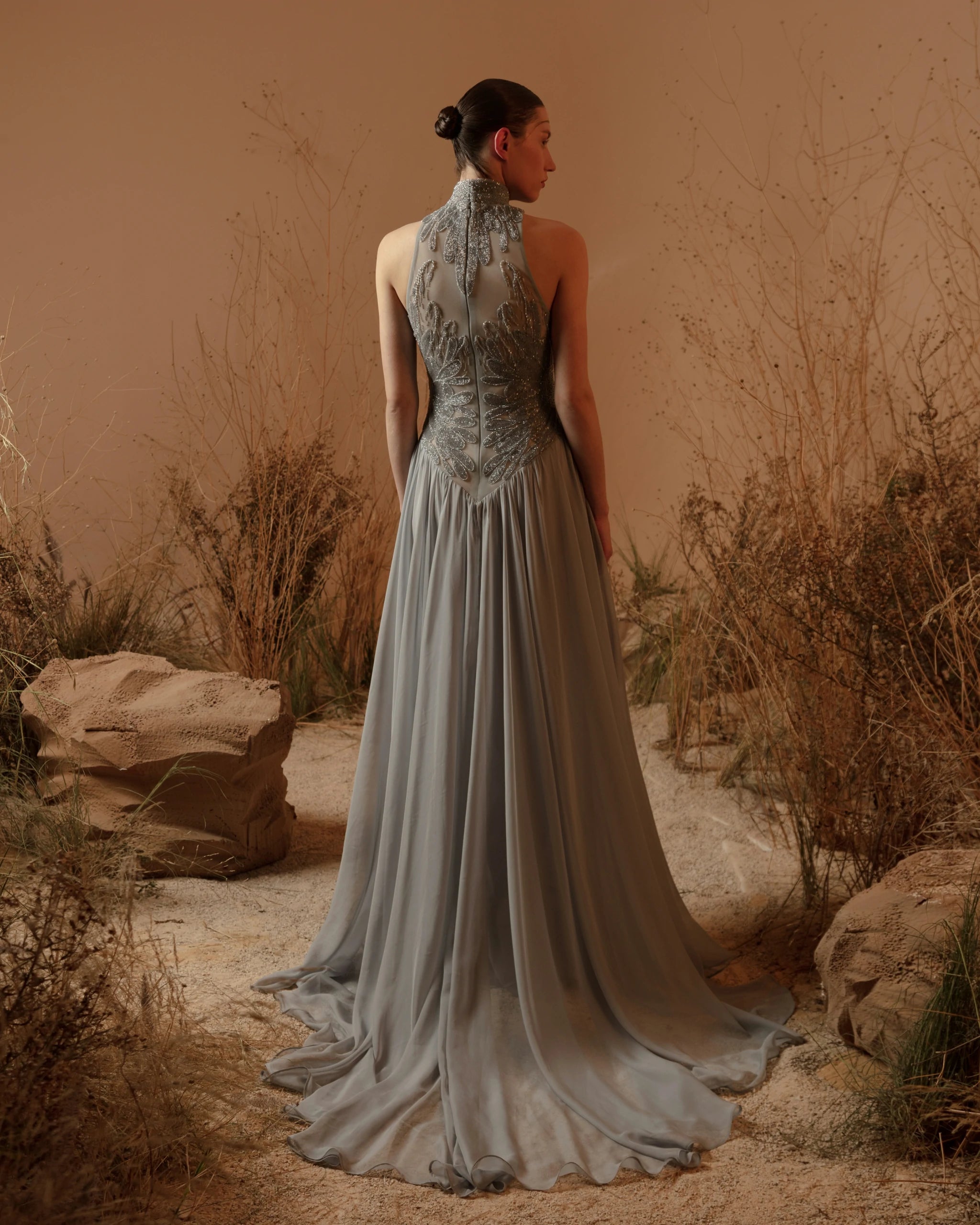 Moonlit Grace Dress – Luxury Silver-Blue High Neck Embellished Evening Gown