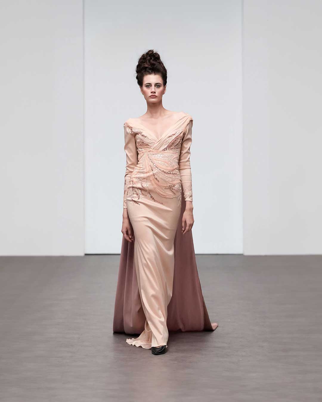 Elegant Silk Peach Gown - Dress Designers & Us Elegant Silk Peach Gown - Dress Designers & Us