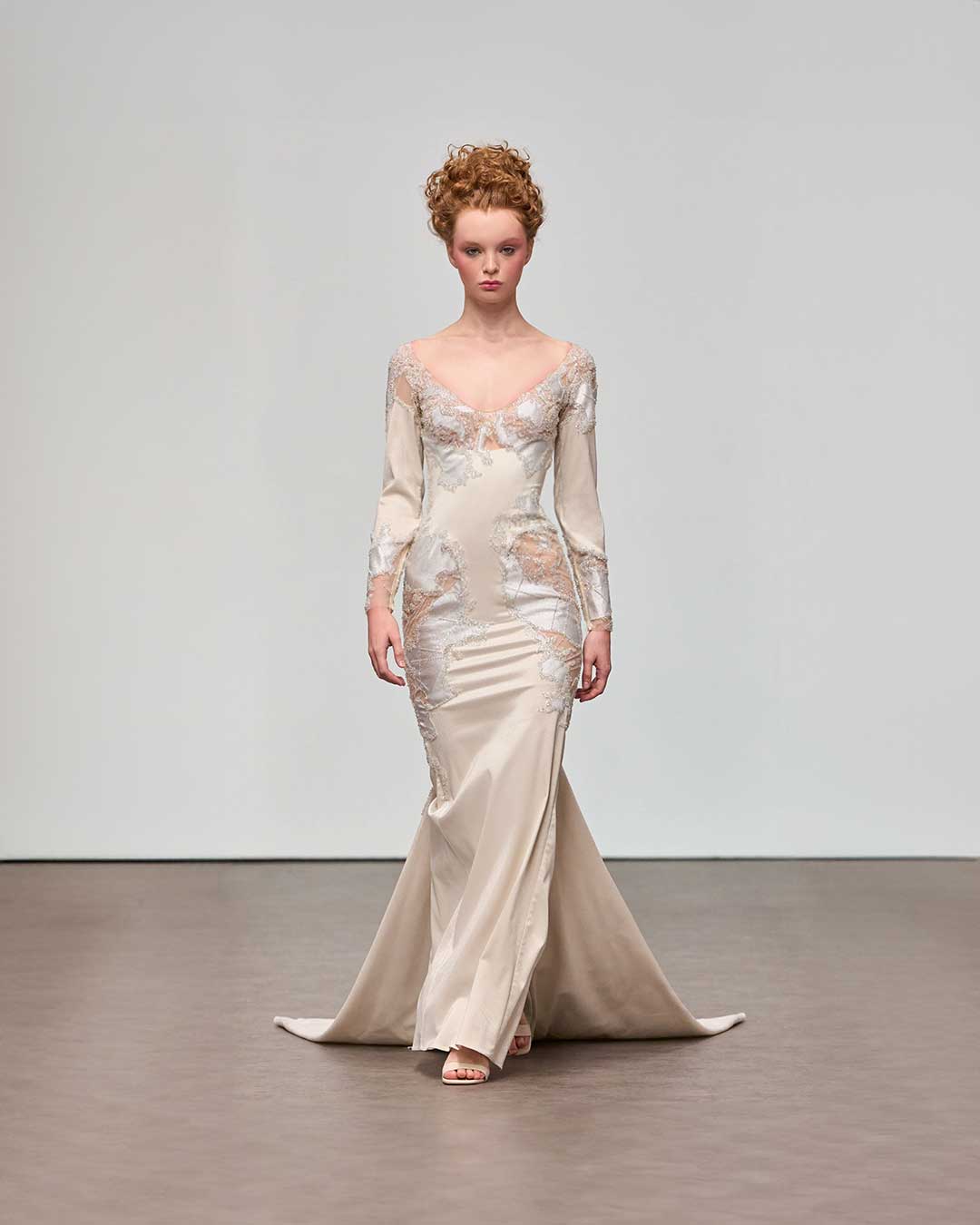 knee length dresses for ladies Satin Tulip Dress with Corseted Lace Overlay in A-line Gown – Lotus Threads  Bridal main image 1