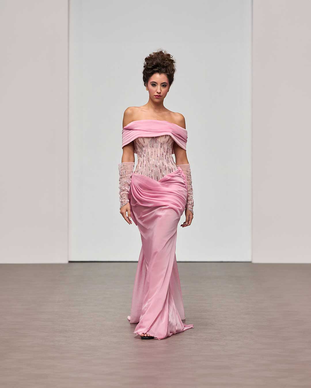 blush pink off shoulder ruffle evening dress with sleeves Elegant Blush Pink Off-the-shoulder Prom Dress, Fairy Tale A-line Lace  Wedding Guest Gown, Romantic Ruffle Sleeve Sparkly Evening Dress