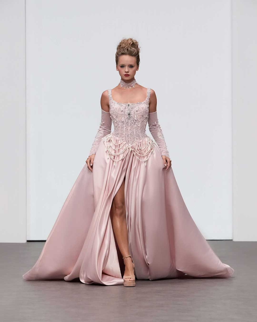 Blush Pink Haute Couture Gown Elegant Corset Bodice with Sheer Sleeves Designers & Us Blush Pink Haute Couture Gown Elegant Corset Bodice with Sheer Sleeves Designers & Us