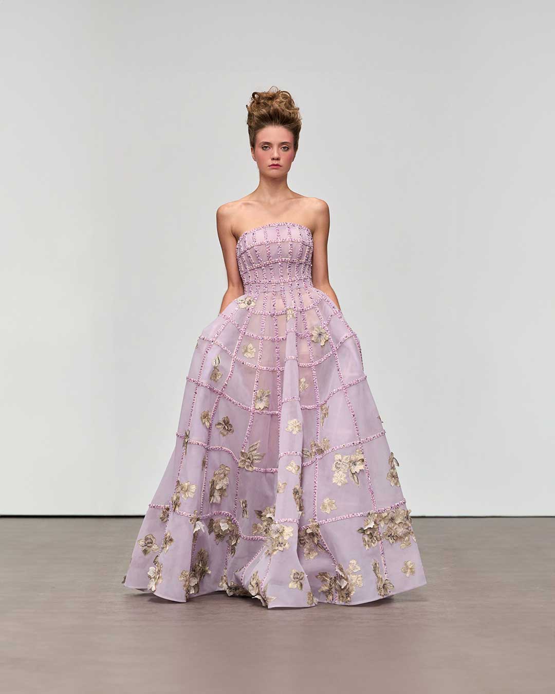 slim fit dress slacks Luxurious Strapless Lavender Gown with Gold Floral Appliqués – Designers &  Us