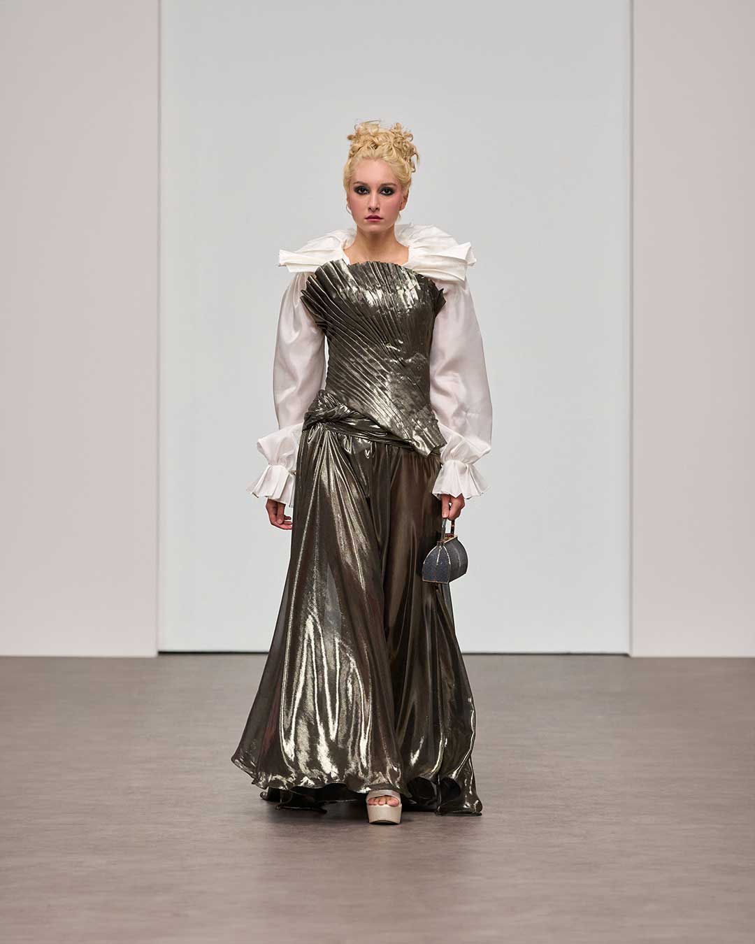 Avant-Garde Metallic Green Dress with Ivory Silk Sleeves