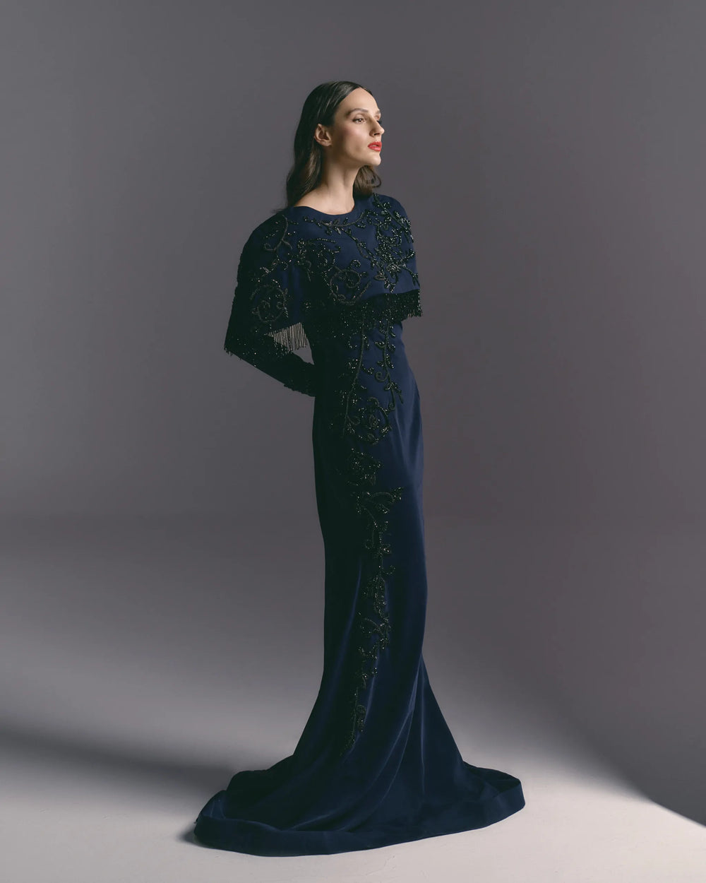 Midnight Regal Navy Beaded Cape Dress