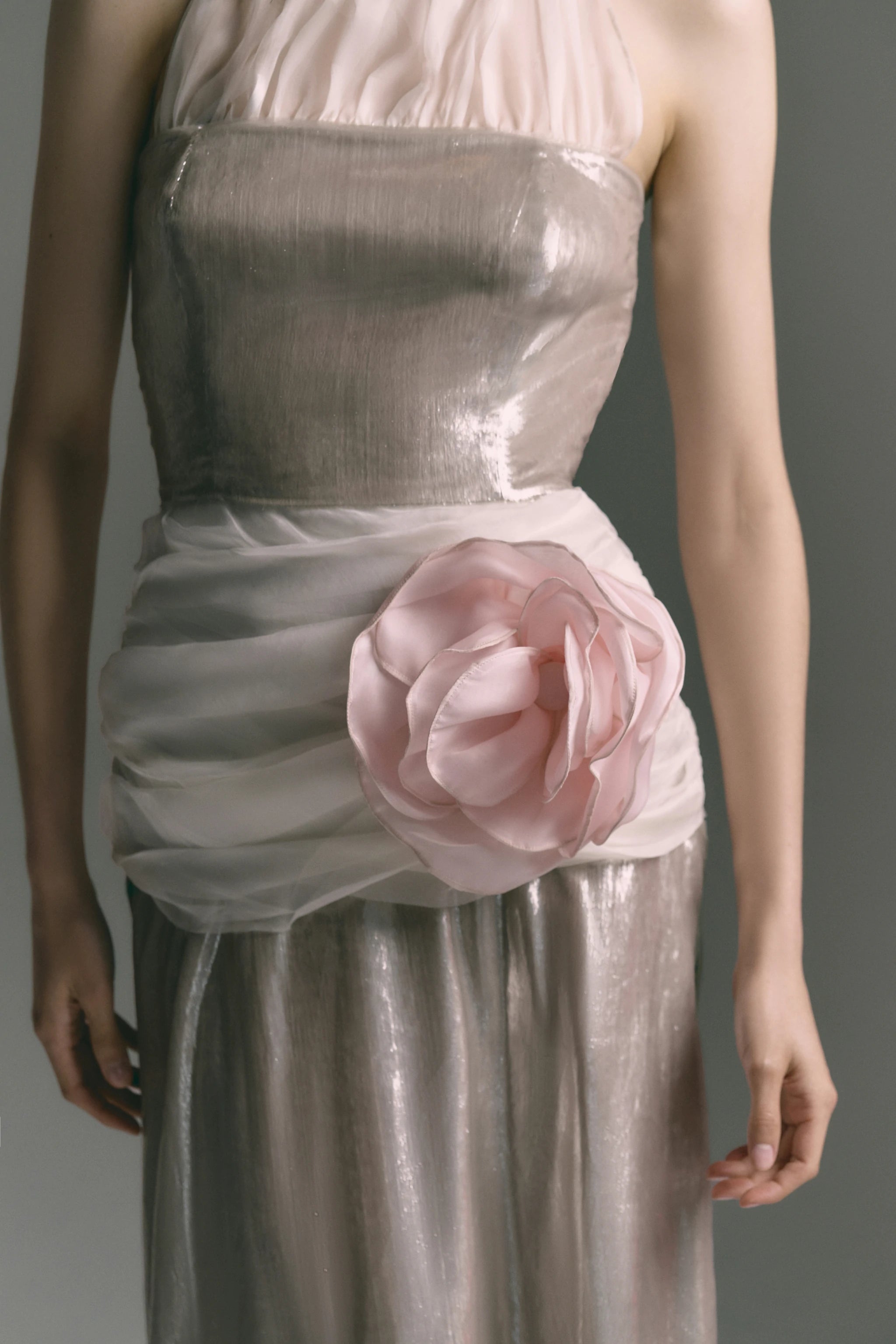 Moonlight Rose Silver Gown with Sheer Neckline & Floral Waist