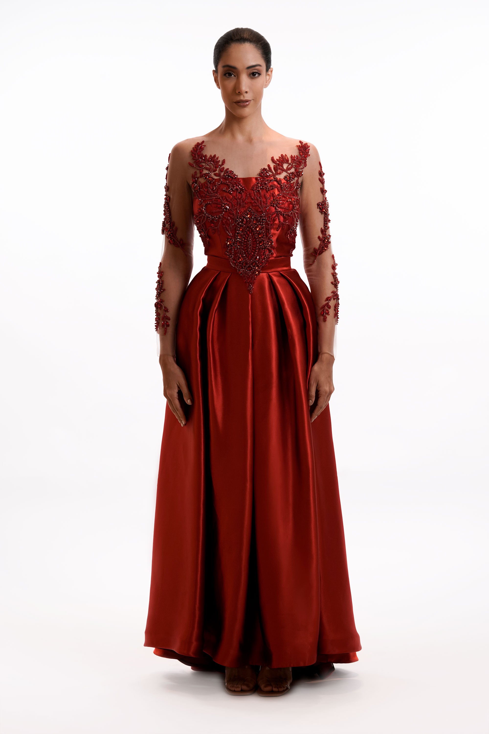 scarlet red satin dress Azazie Camille