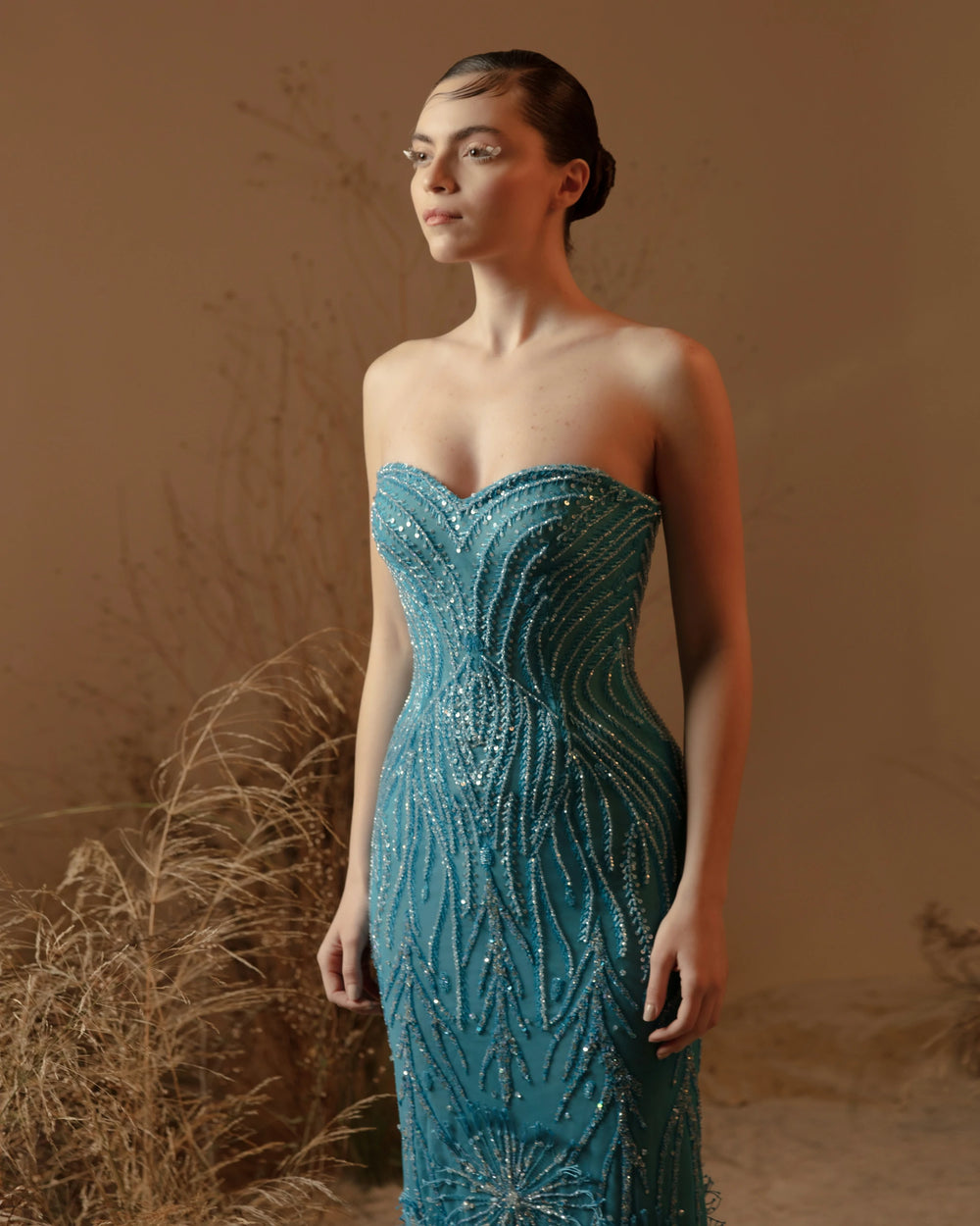 Ocean Serenity Dress – Luxury Teal Beaded Strapless Evening Gown