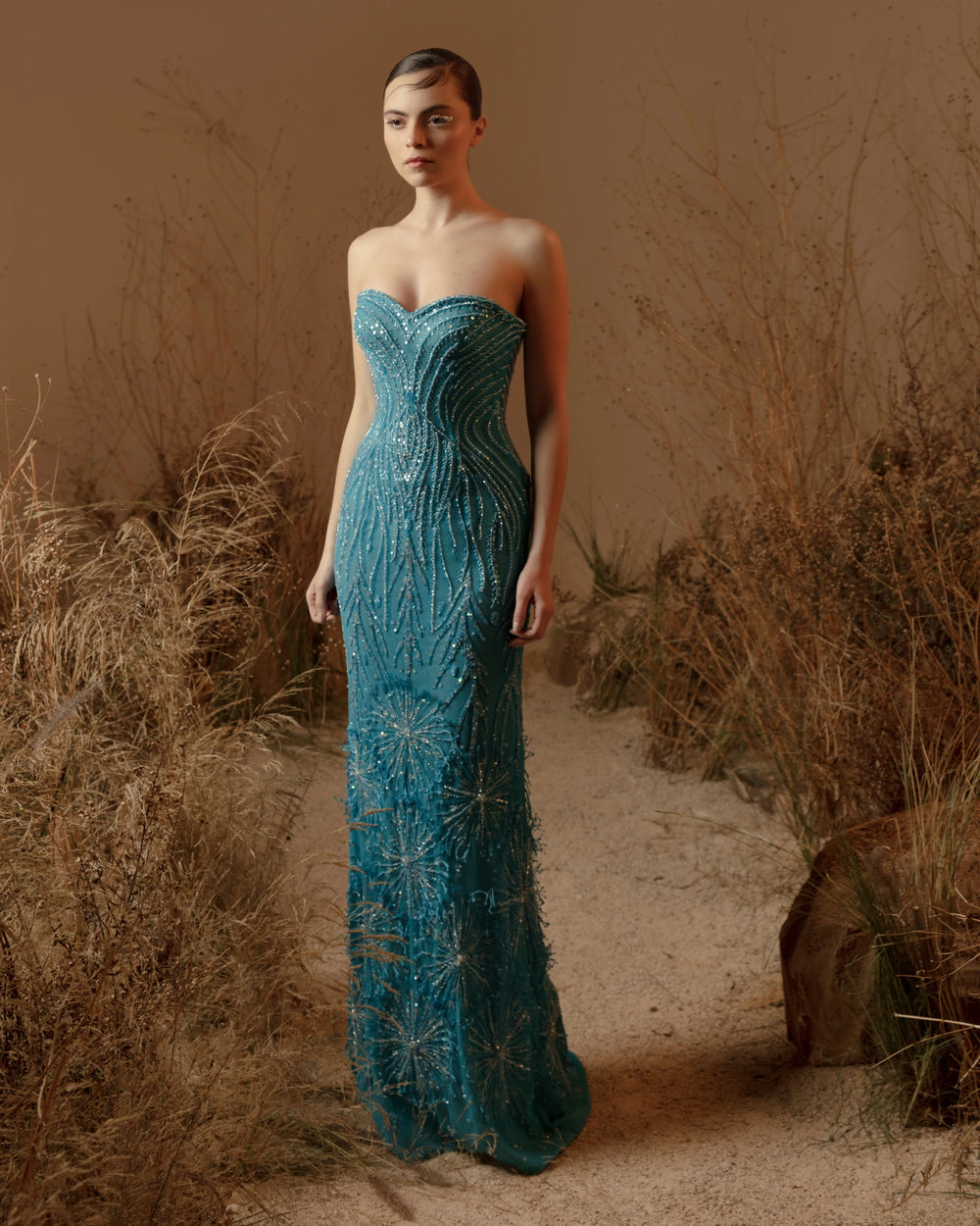Ocean Serenity Dress – Luxury Teal Beaded Strapless Evening Gown
