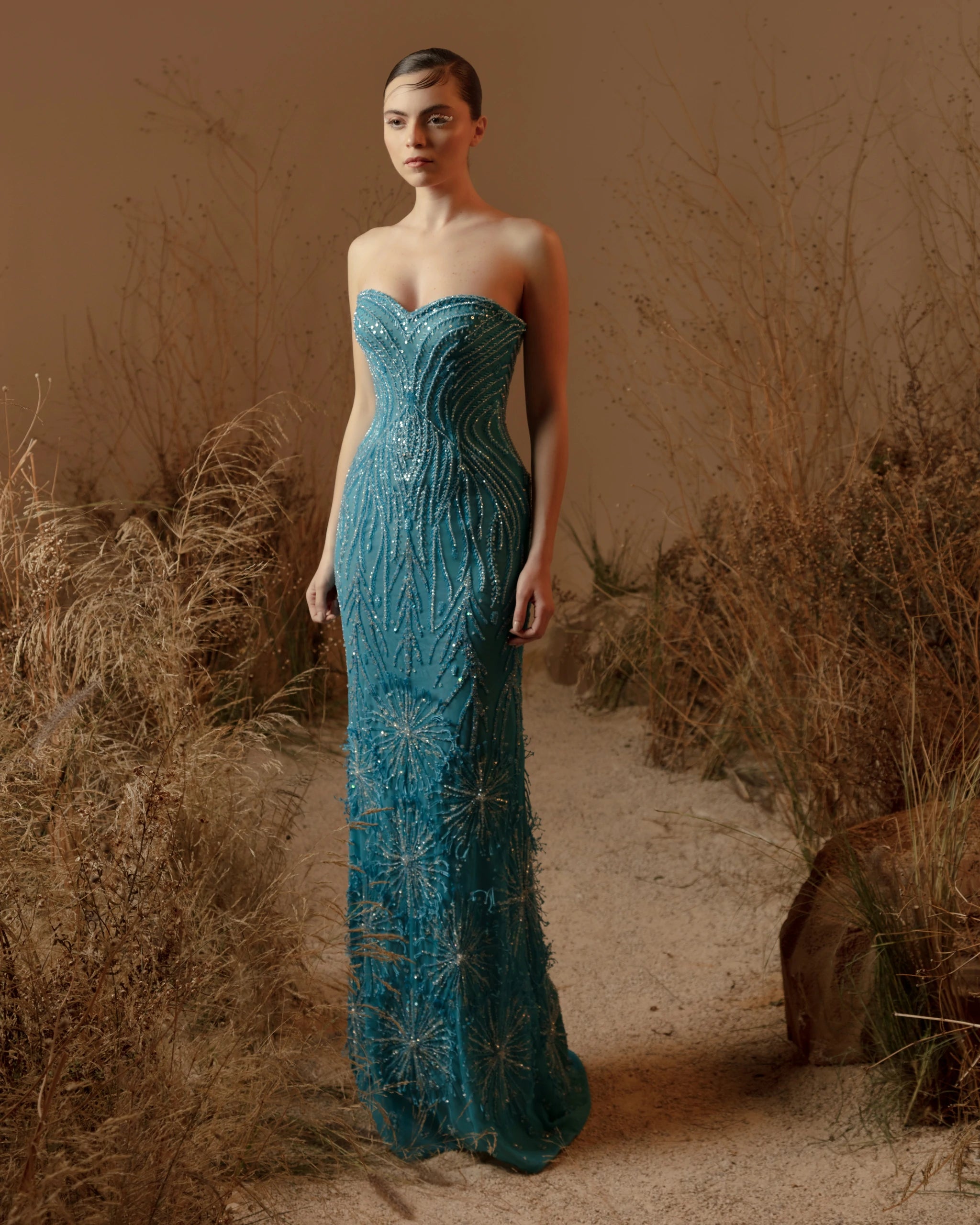 Ocean Serenity Dress – Luxury Teal Beaded Strapless Evening Gown