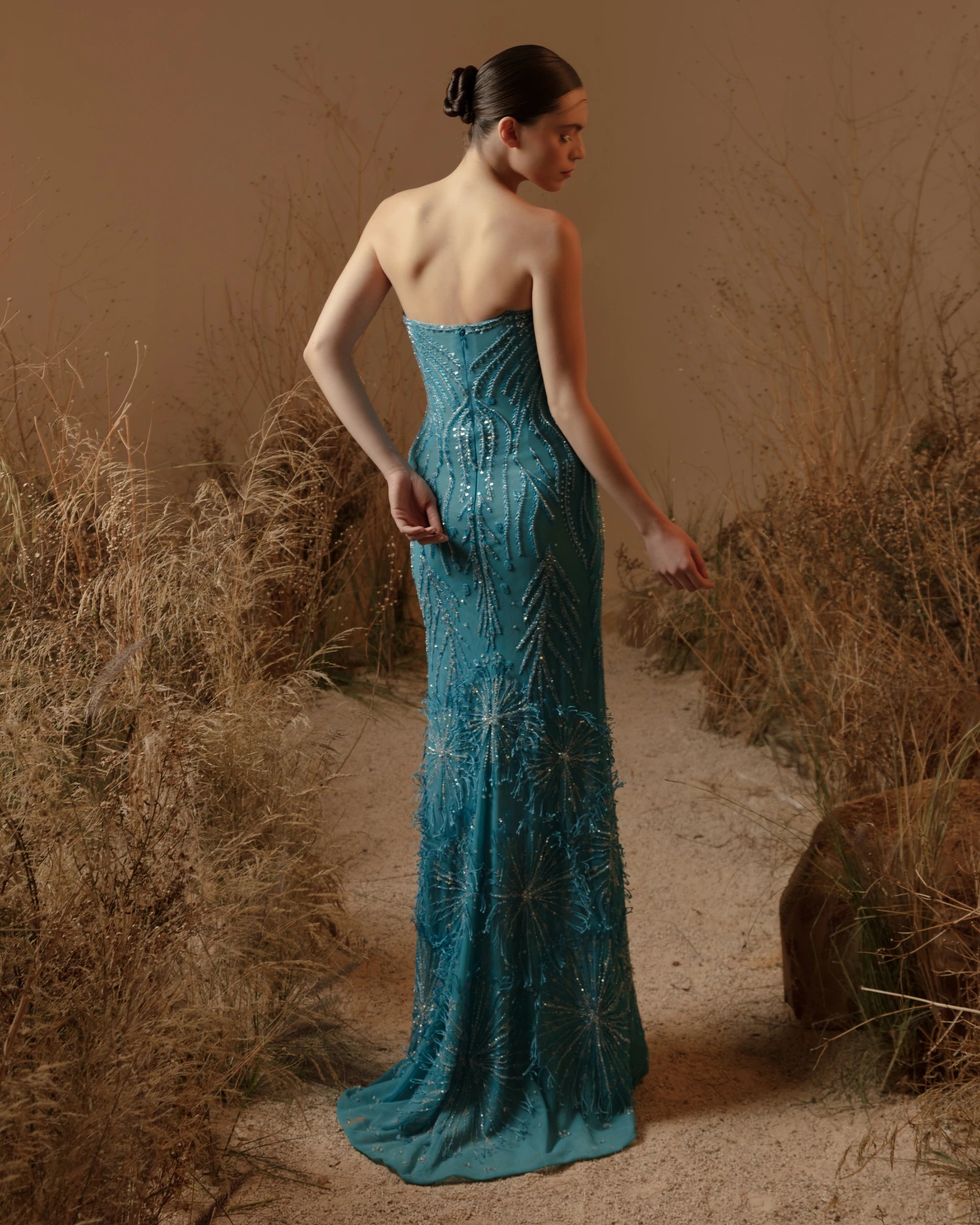 Ocean Serenity Dress – Luxury Teal Beaded Strapless Evening Gown