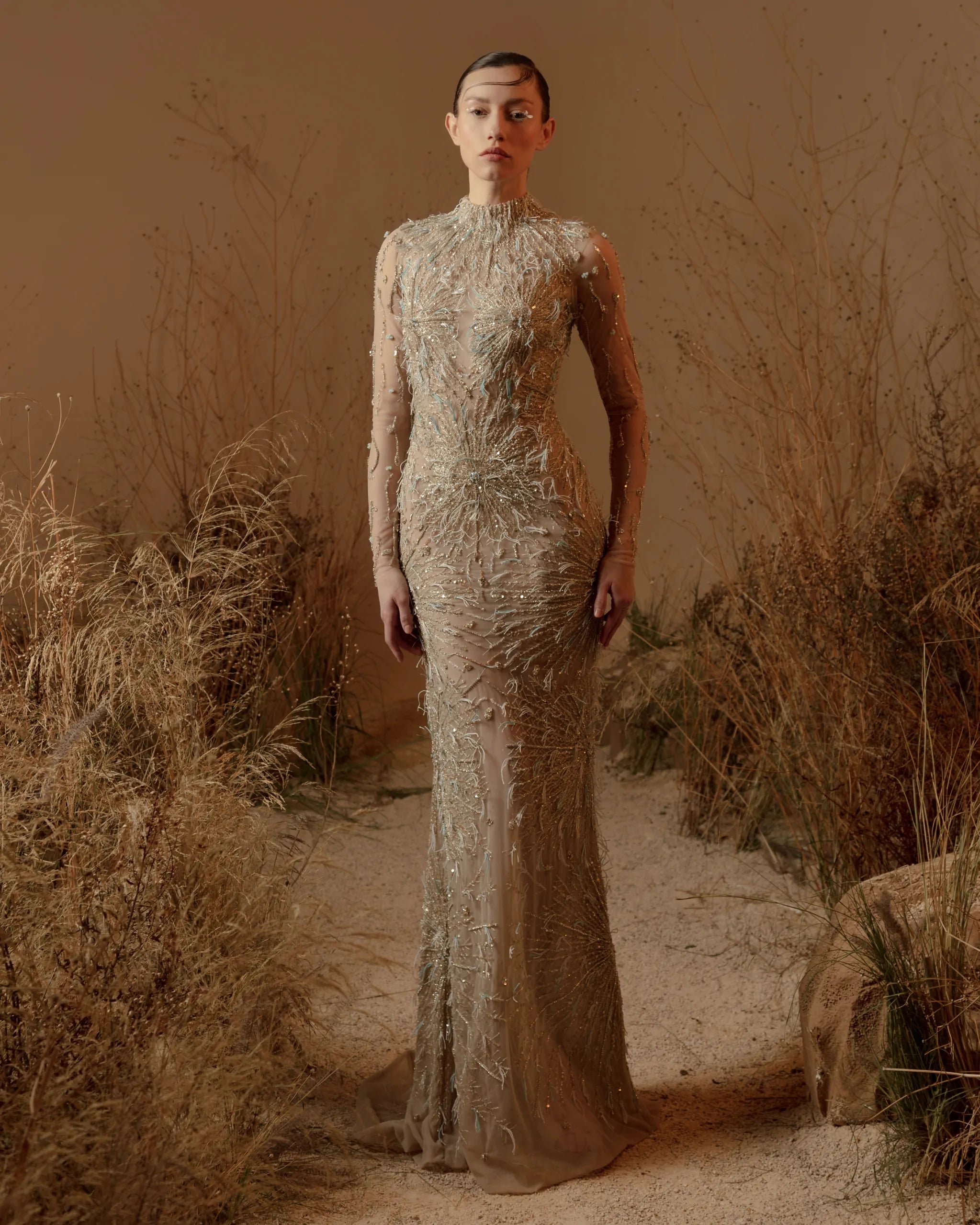 Golden Eclipse Dress – Luxury Gold Beaded High-Neck Long-Sleeve Gown