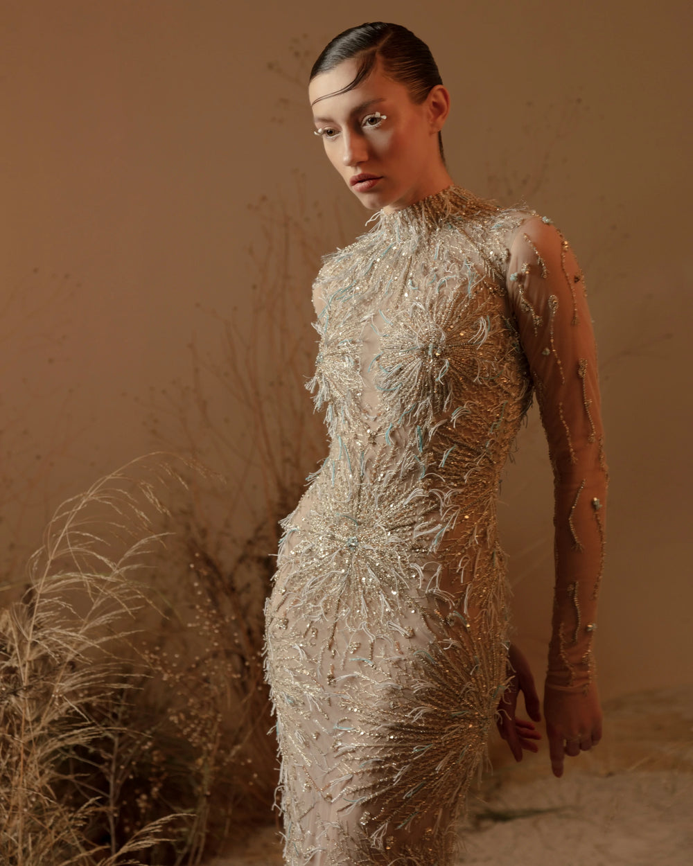 Golden Eclipse Dress – Luxury Gold Beaded High-Neck Long-Sleeve Gown