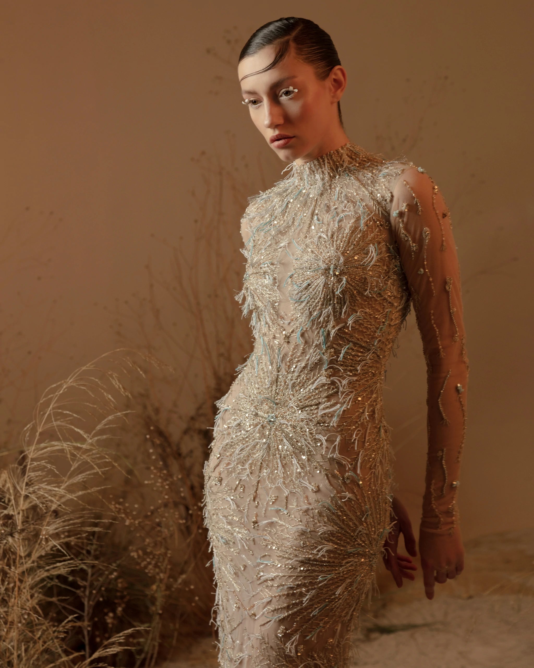 Golden Eclipse Dress – Luxury Gold Beaded High-Neck Long-Sleeve Gown