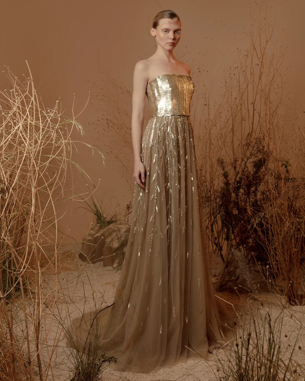Gilded Starlight Dress – Luxury Gold Strapless Sequin Bodice Evening Gown