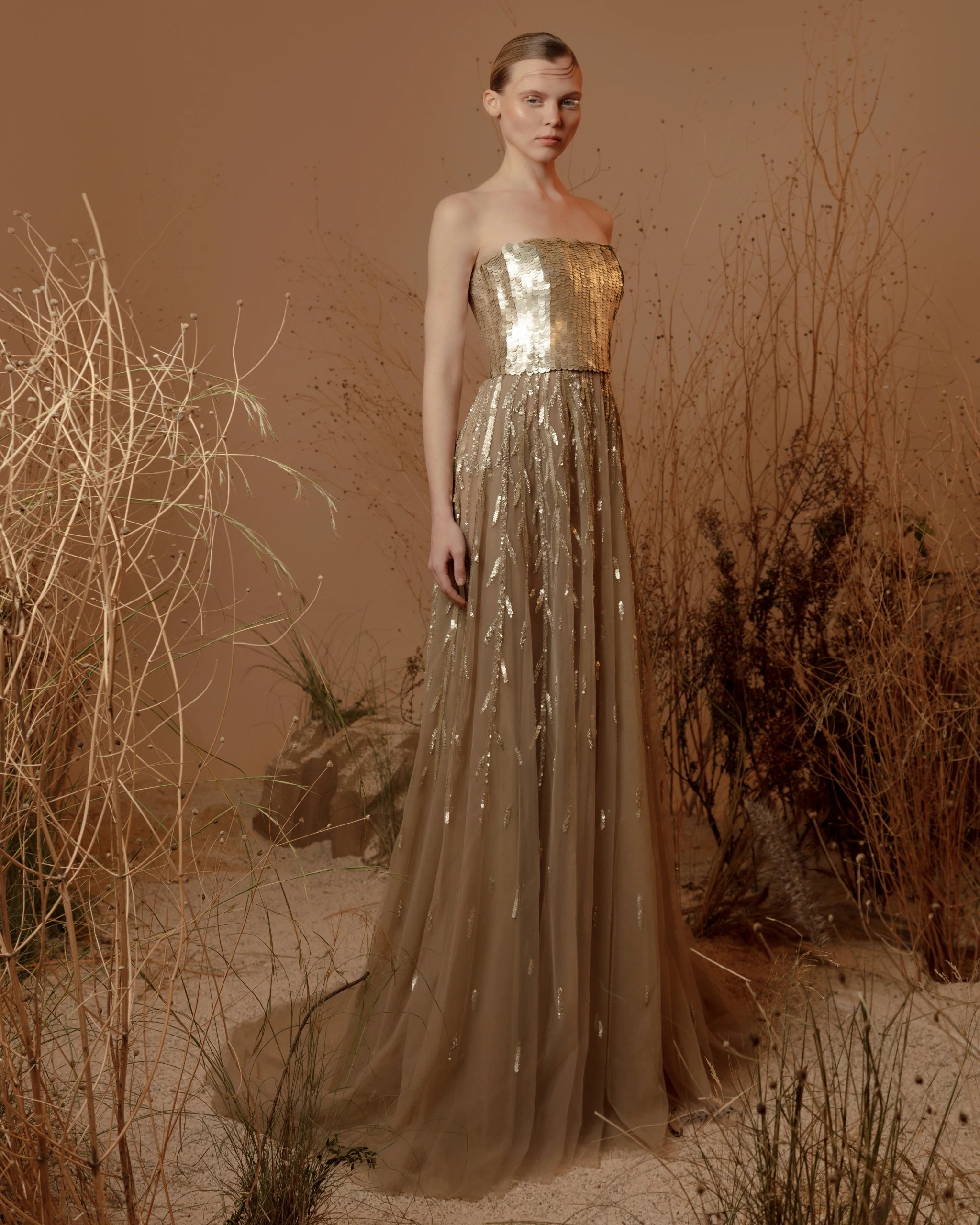 Gilded Starlight Dress – Luxury Gold Strapless Sequin Bodice Evening Gown