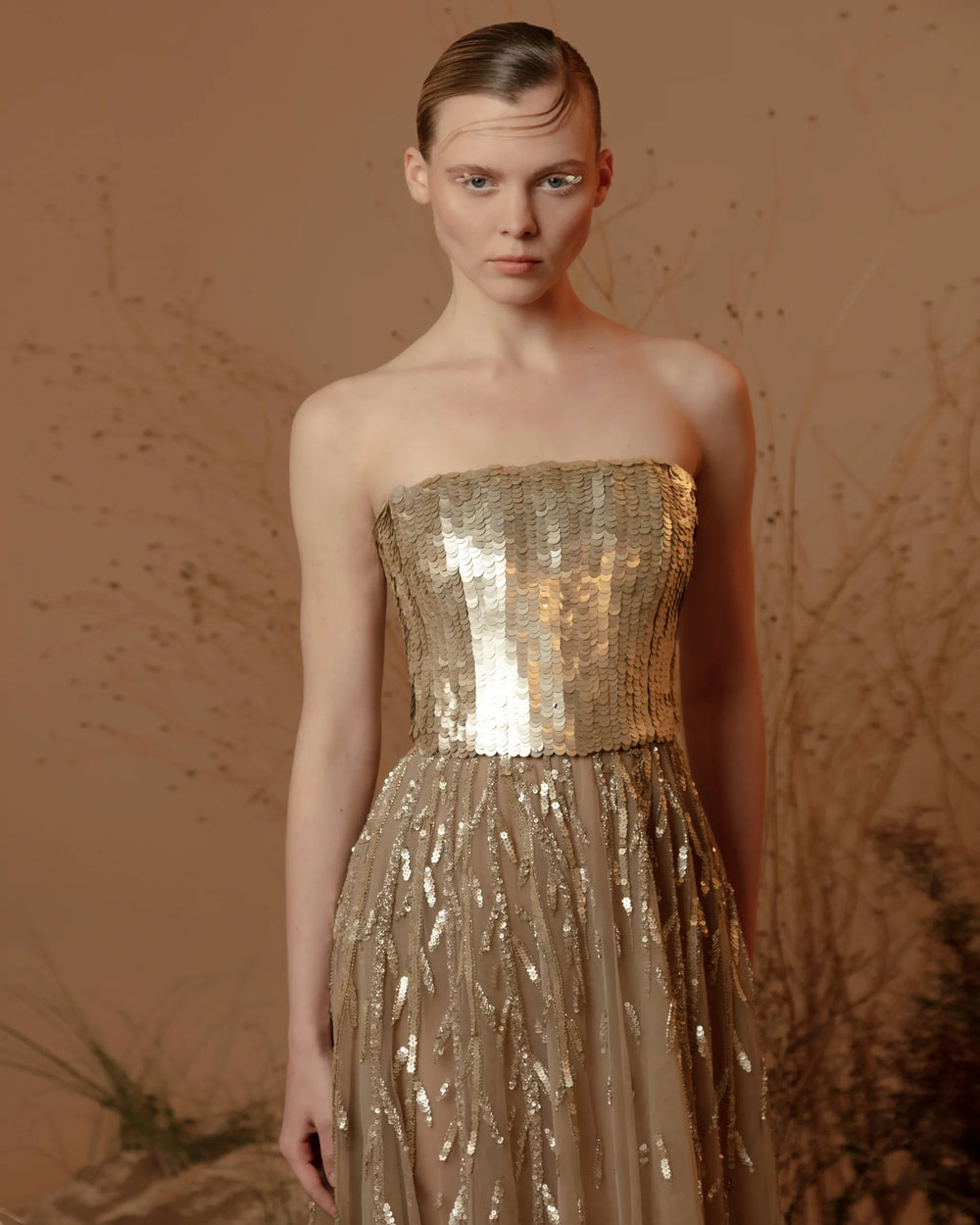 Gilded Starlight Dress – Luxury Gold Strapless Sequin Bodice Evening Gown
