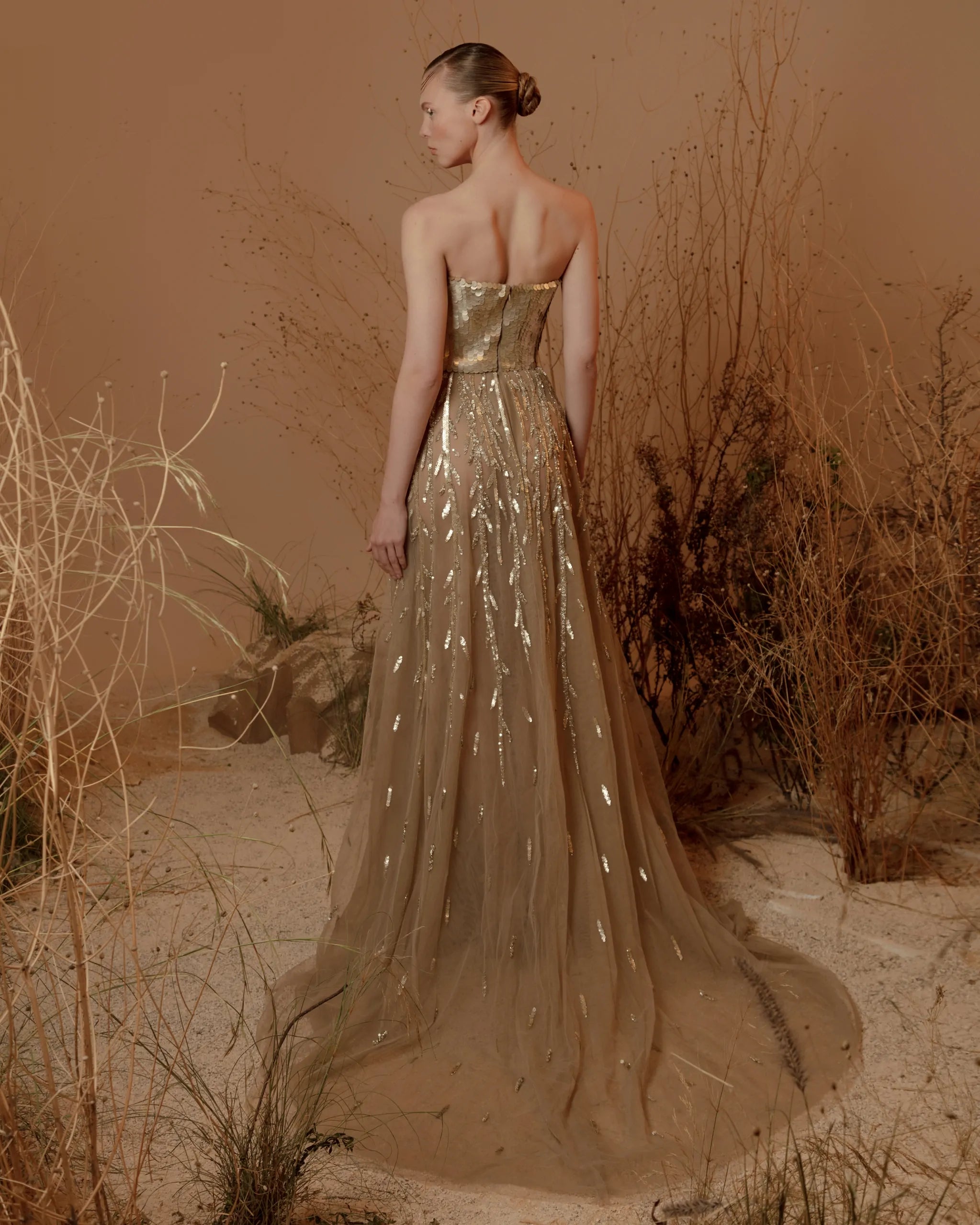 Gilded Starlight Dress – Luxury Gold Strapless Sequin Bodice Evening Gown