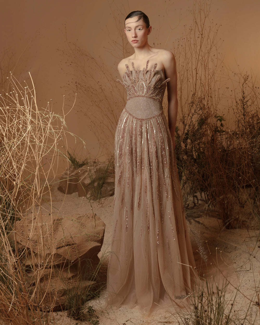 Solar Radiance Dress – Luxury Strapless Sequin Bodice Champagne Evening Gown