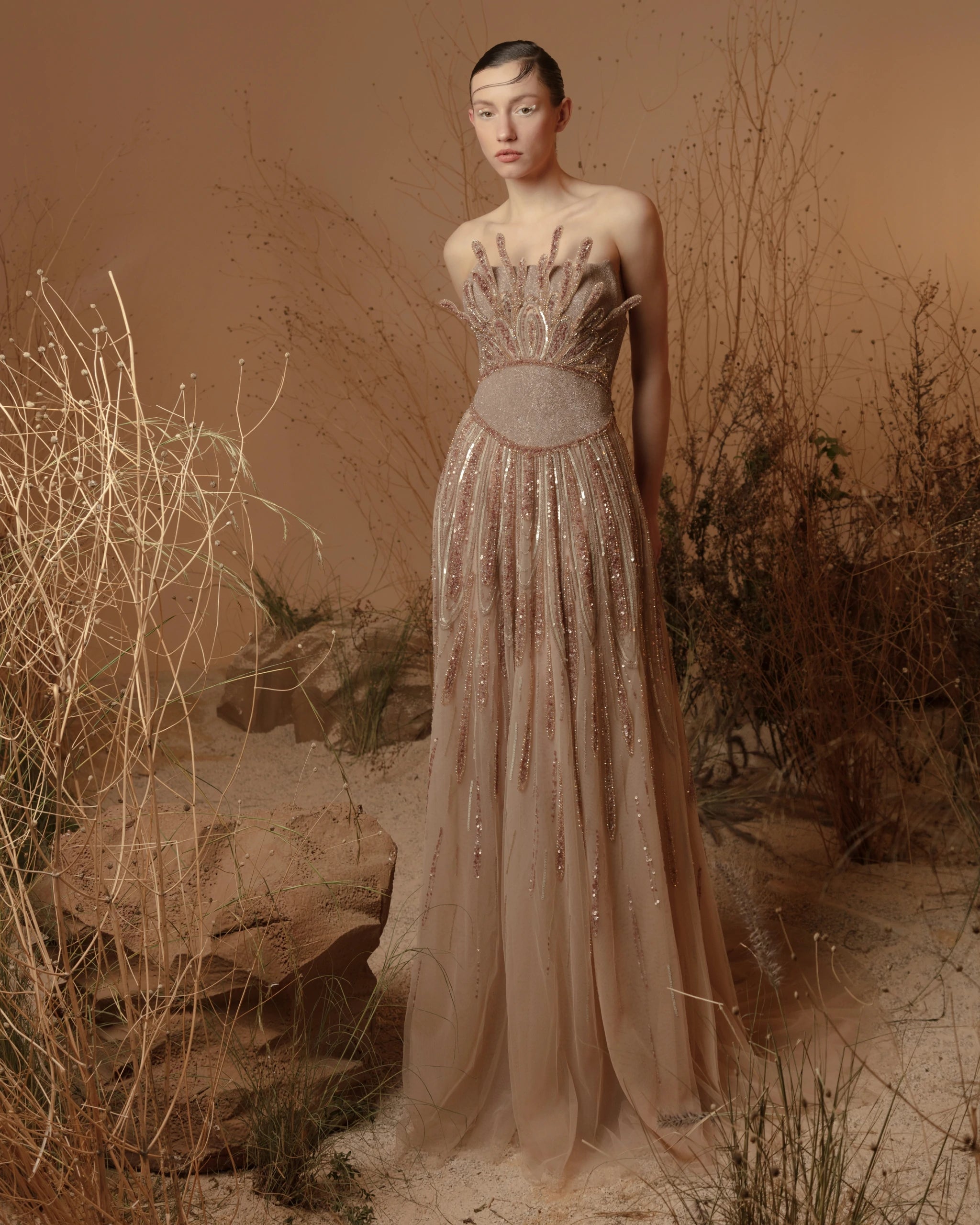 Solar Radiance Dress – Luxury Strapless Sequin Bodice Champagne Evening Gown