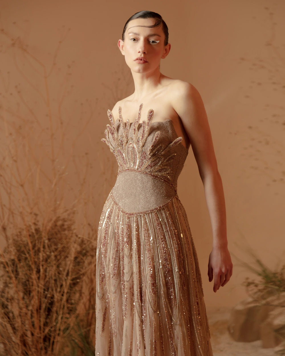 Solar Radiance Dress – Luxury Strapless Sequin Bodice Champagne Evening Gown