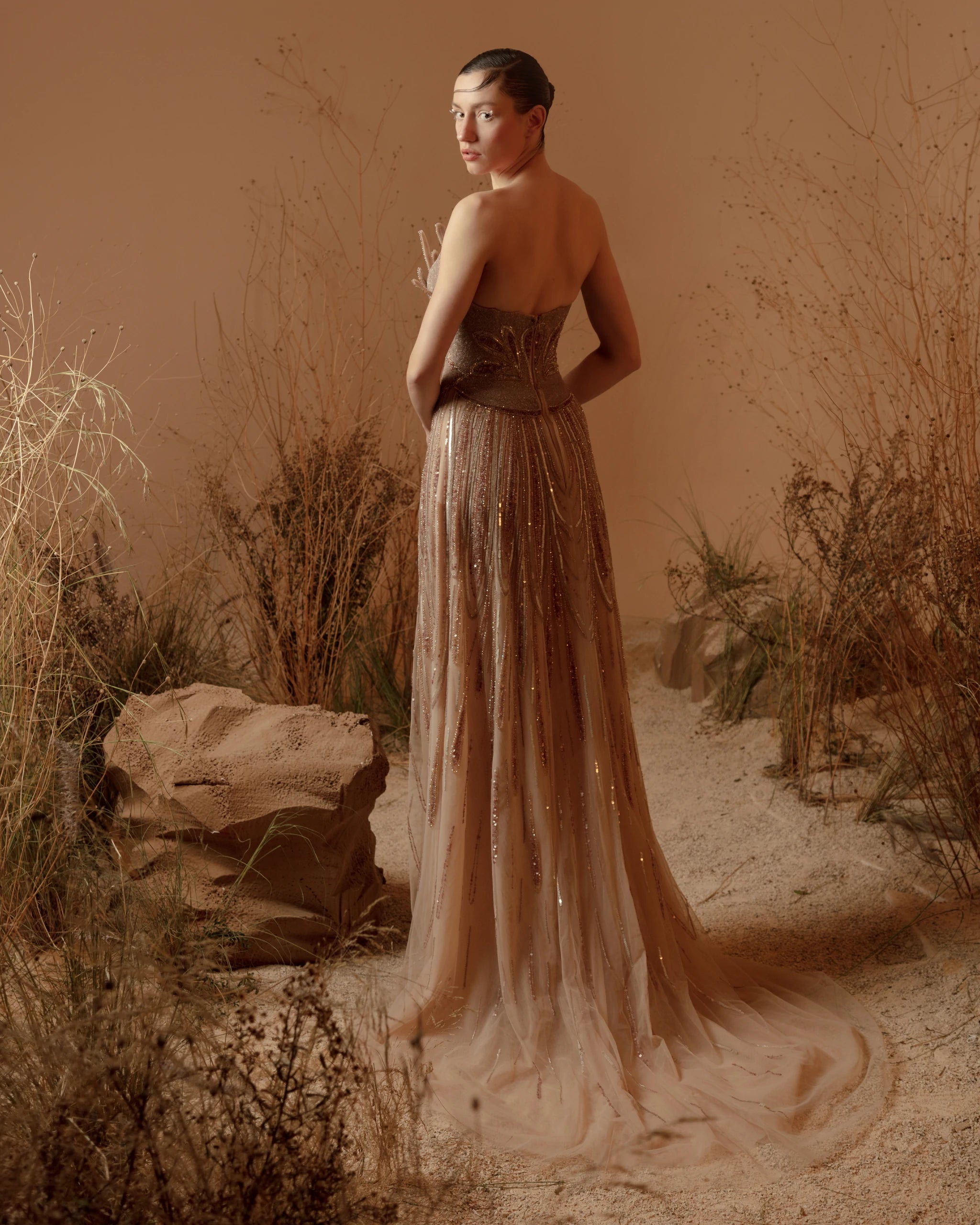 Solar Radiance Dress – Luxury Strapless Sequin Bodice Champagne Evening Gown