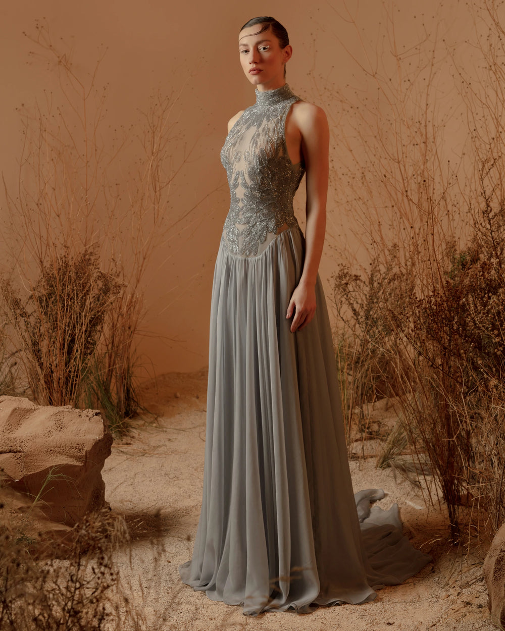 Moonlit Grace Dress – Luxury Silver-Blue High Neck Embellished Evening Gown