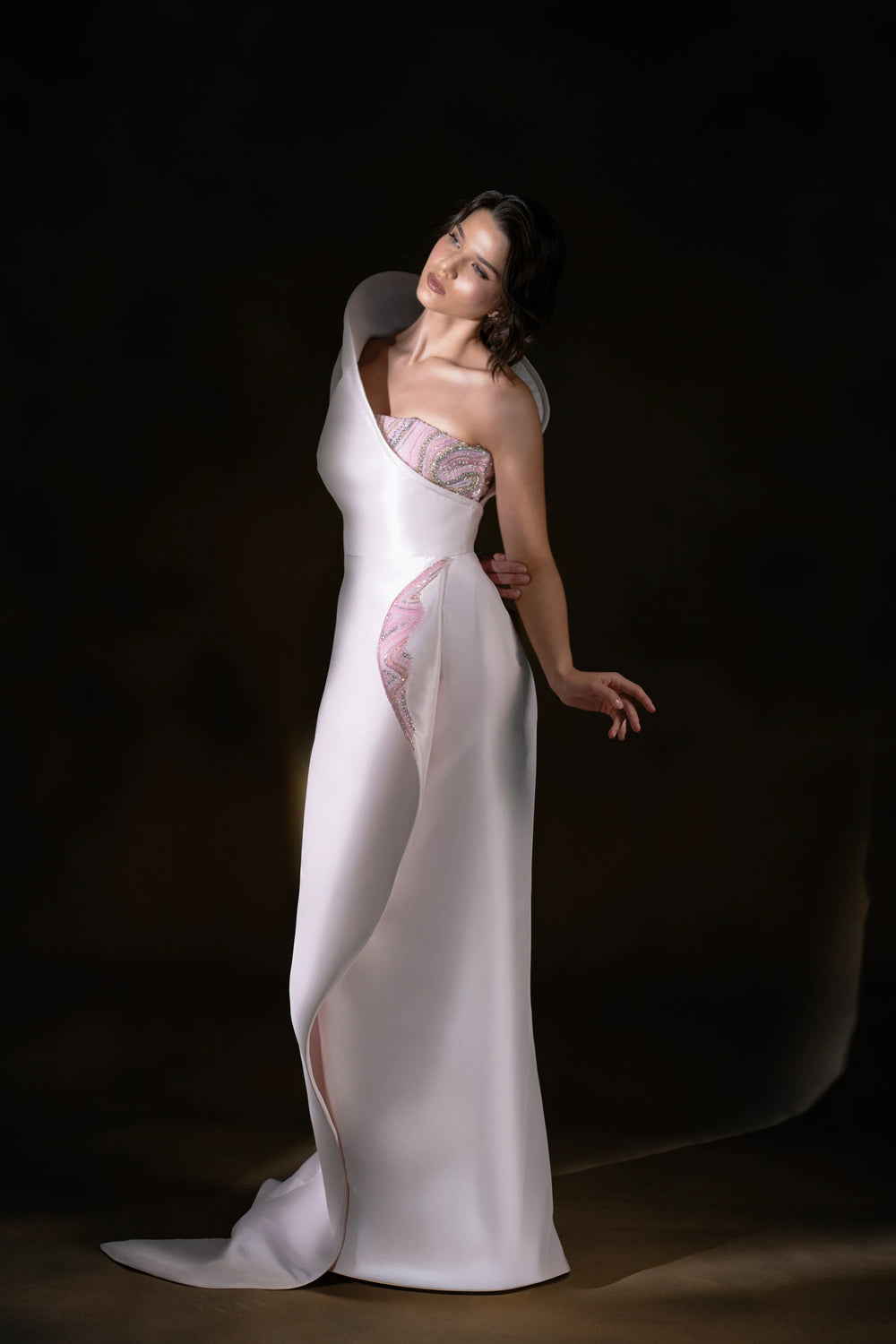 Soft pink Eclipse White Asymmetric Gown with Beaded Corset