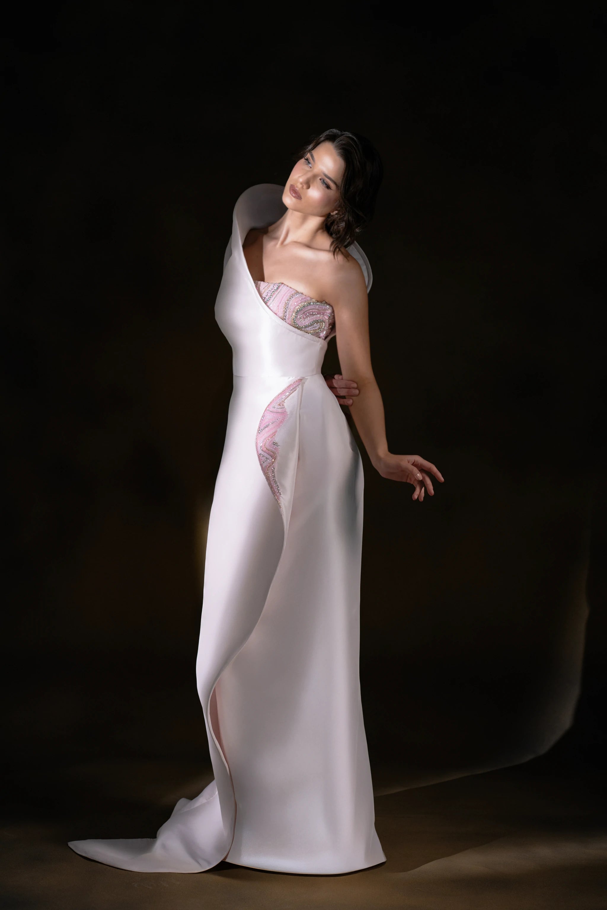 Soft pink Eclipse White Asymmetric Gown with Beaded Corset