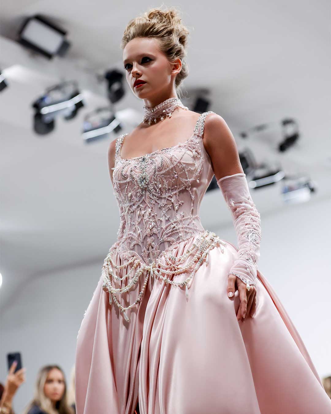 Blush Pink Haute Couture Gown Elegant Corset Bodice with Sheer Sleeves Designers & Us Blush Pink Haute Couture Gown Elegant Corset Bodice with Sheer Sleeves Designers & Us