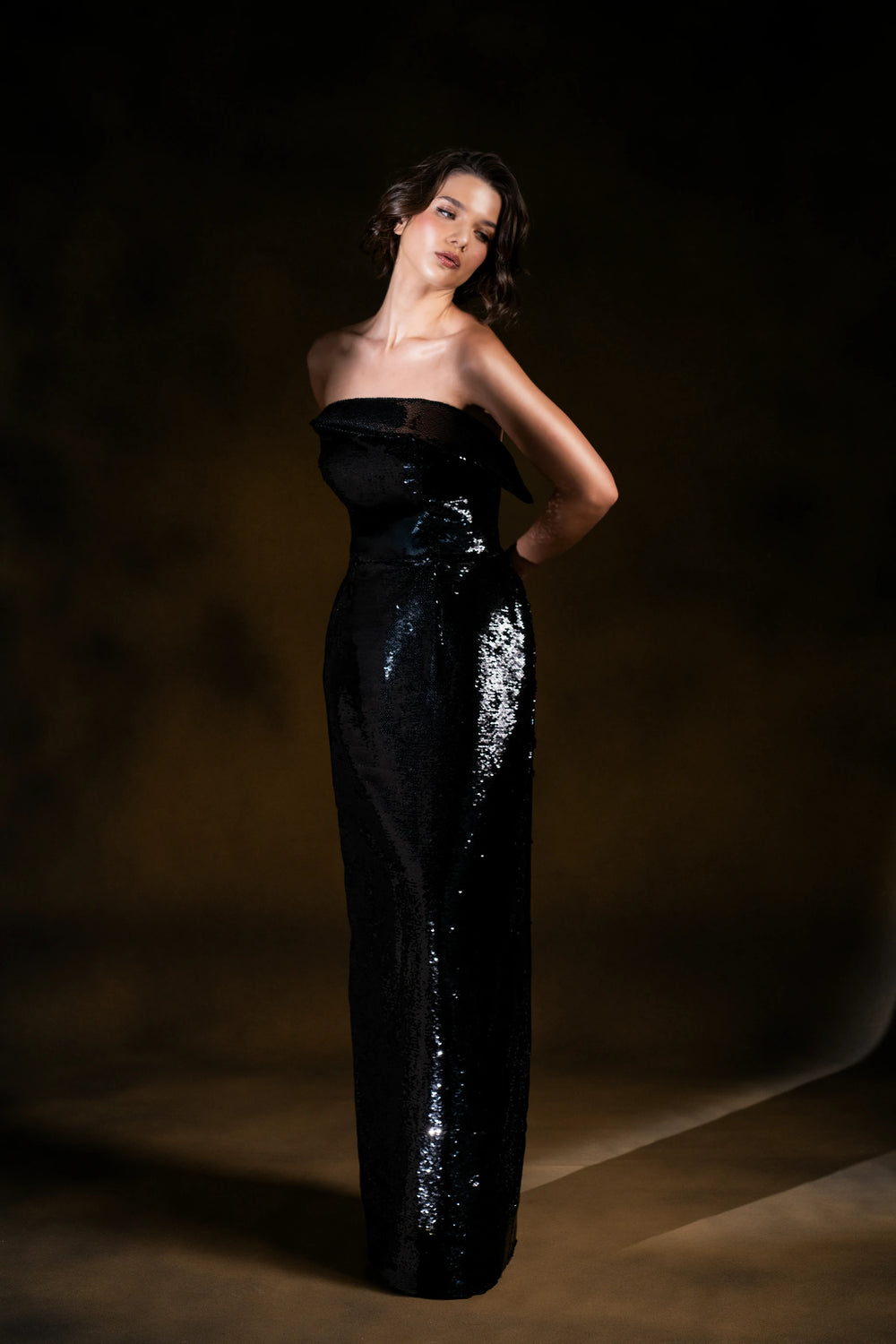 Noir Starlight Strapless Black Sequin Column Gown