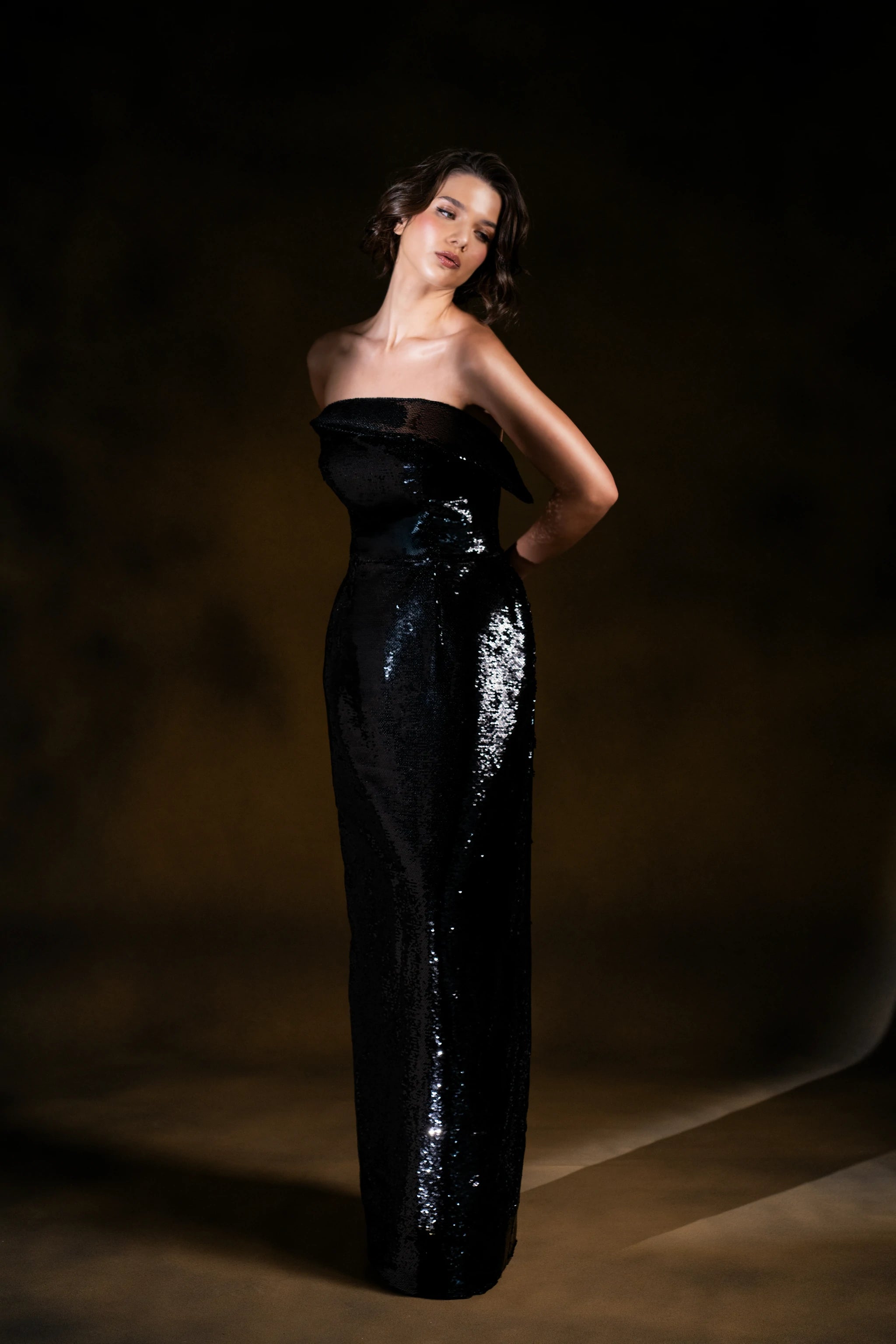 Noir Starlight Strapless Black Sequin Column Gown