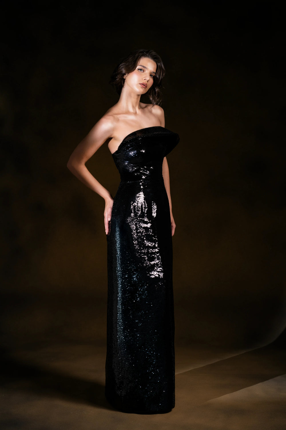 Noir Starlight Strapless Black Sequin Column Gown