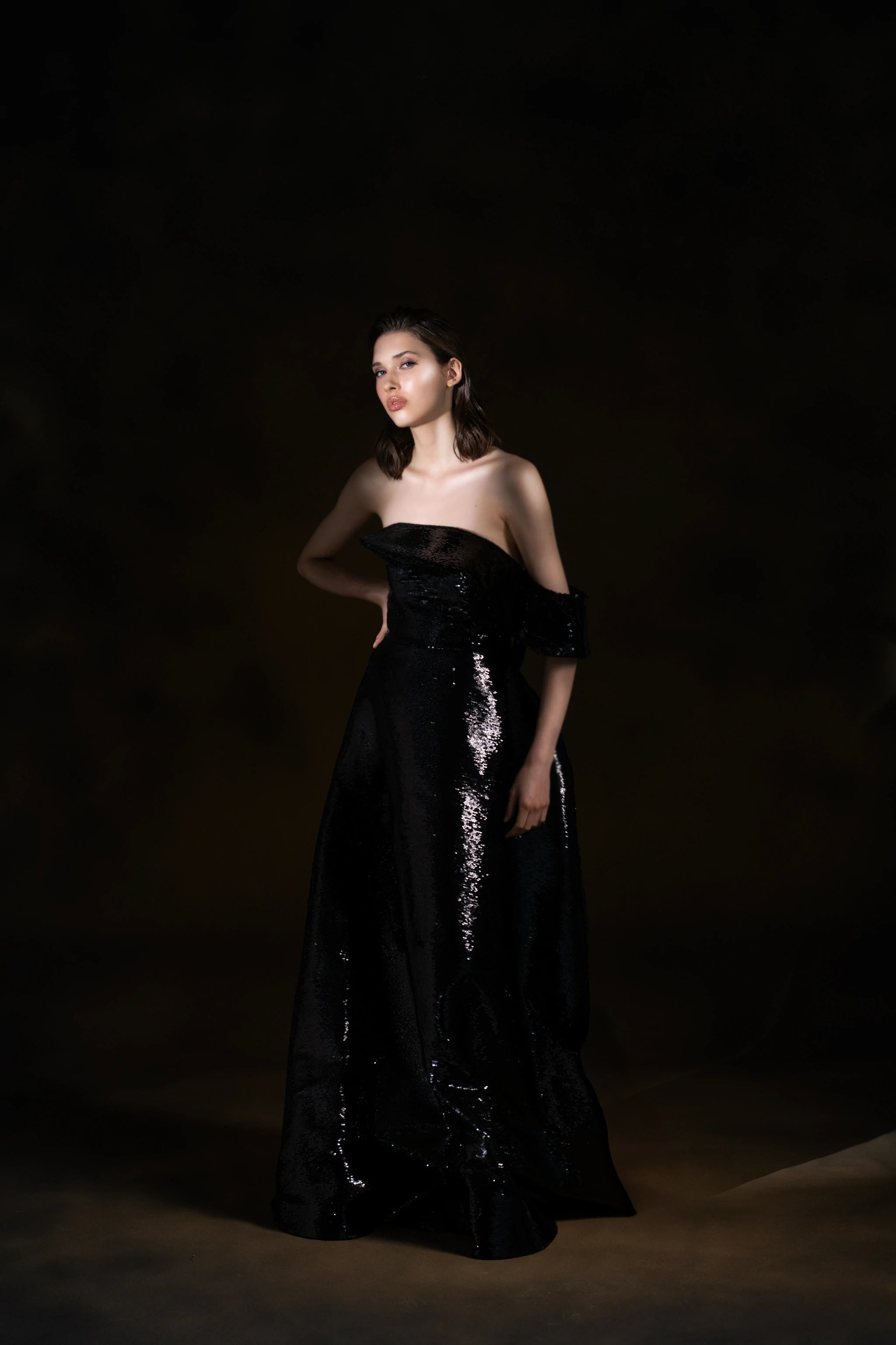 Midnight Radiance Black Sequin Off-Shoulder Gown
