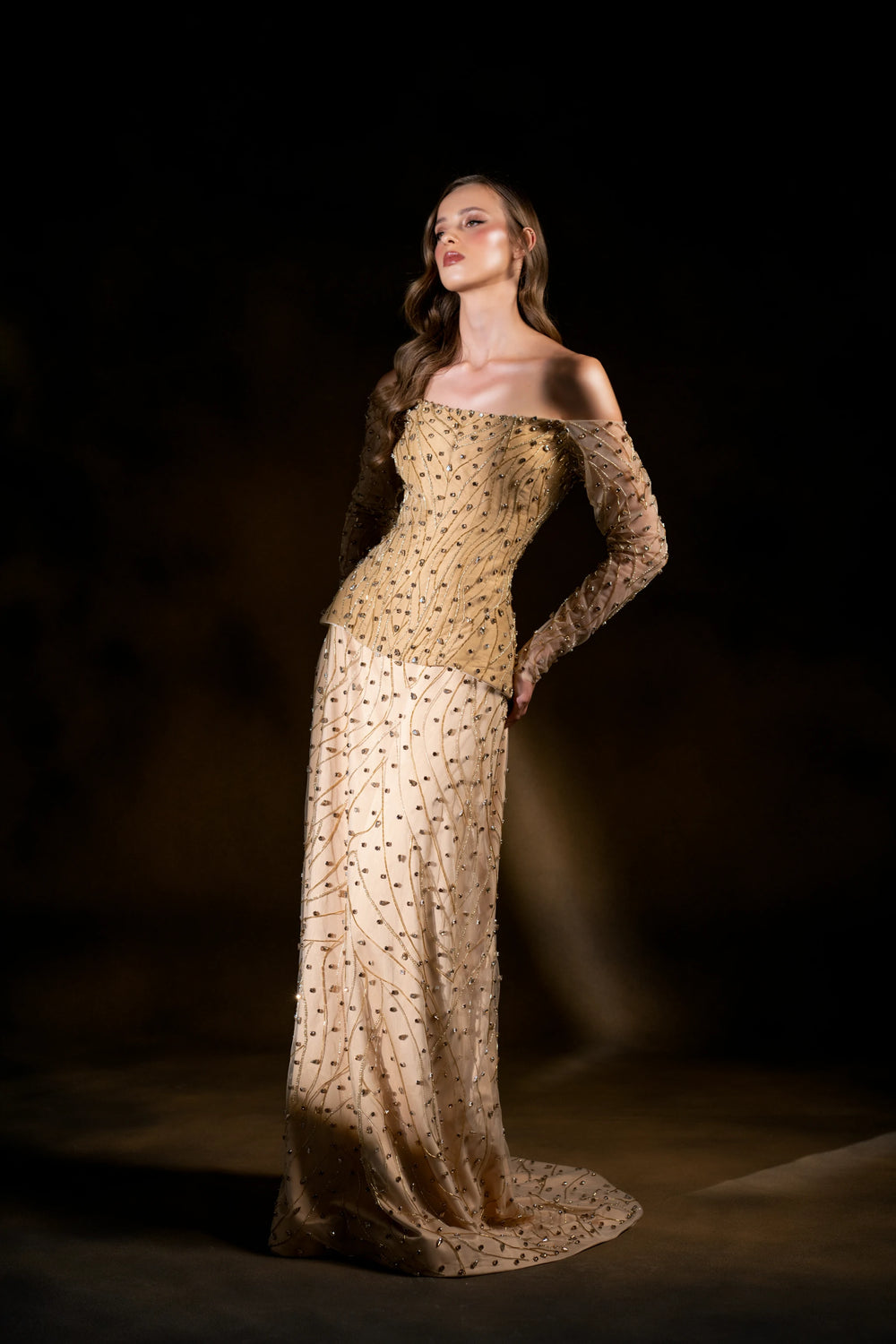 Golden Empress Off-Shoulder Corset with A-Line Skirt