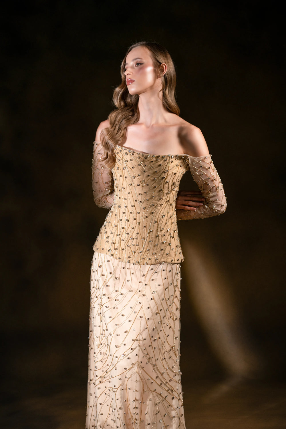 Golden Empress Off-Shoulder Corset with A-Line Skirt