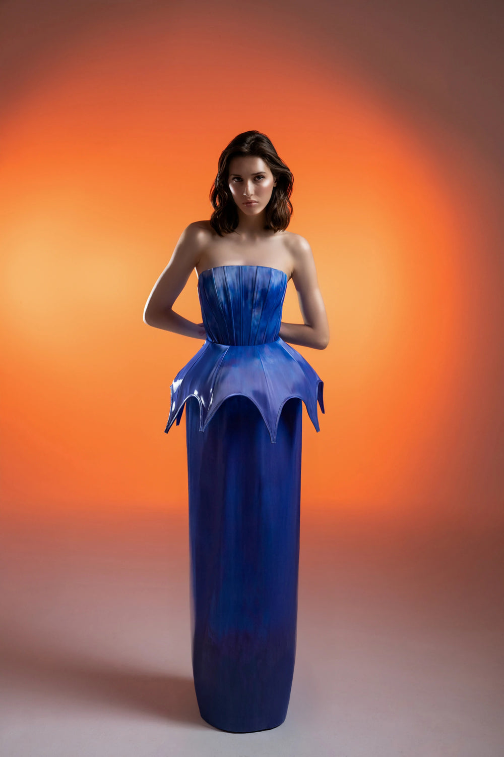 Violet Eclipse Strapless Gown with Sculptural Peplum