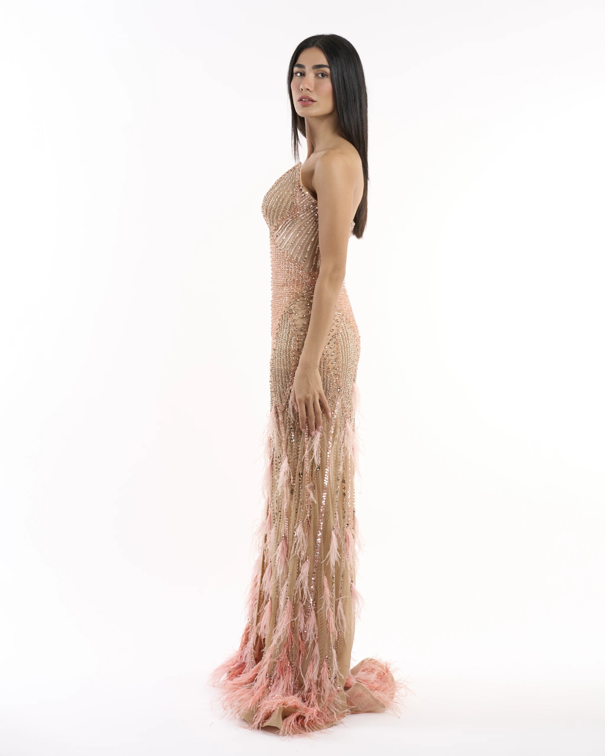 Peach Feathered Mirage Dress