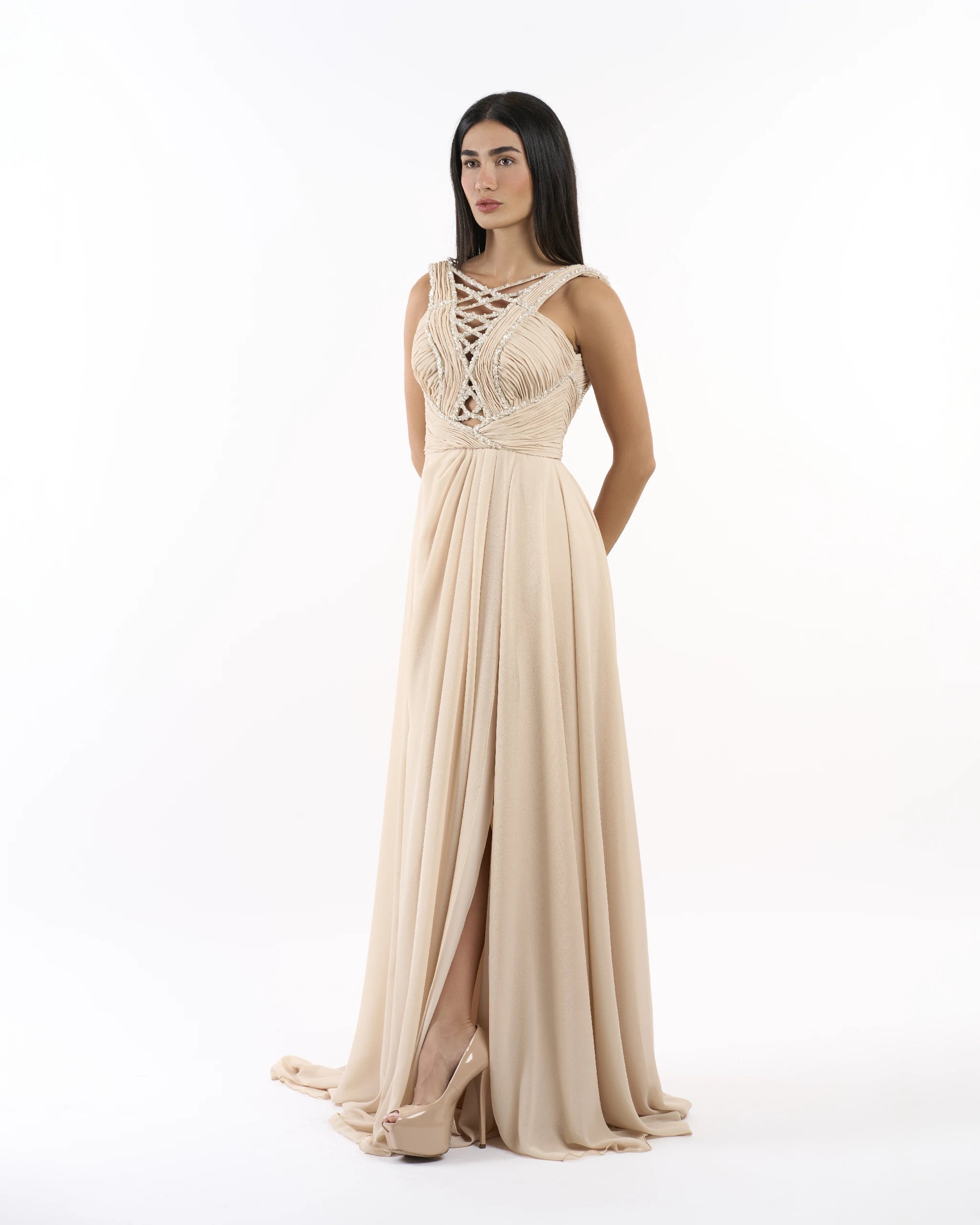 Nude Goddess Draped Dress