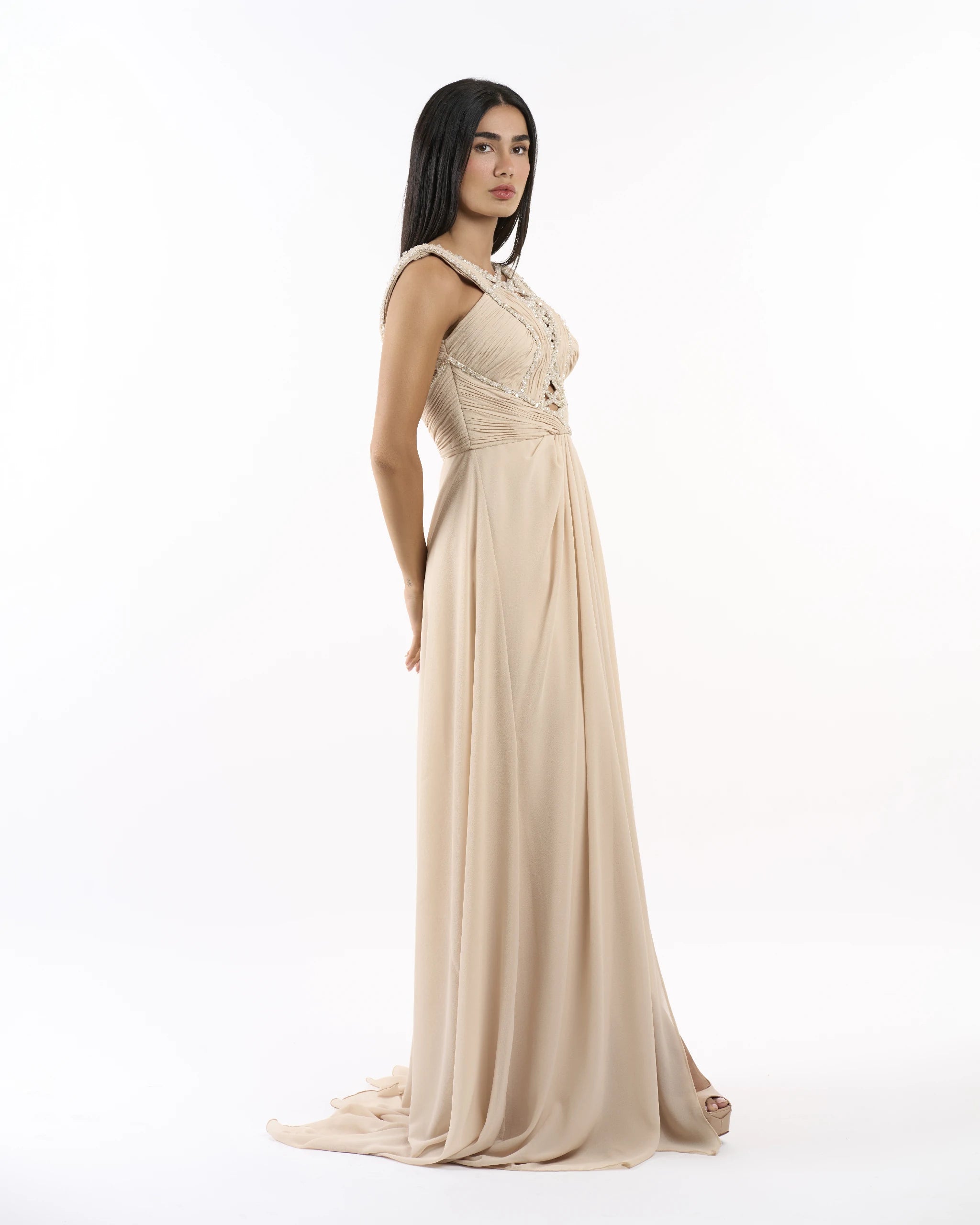 Nude Goddess Draped Dress
