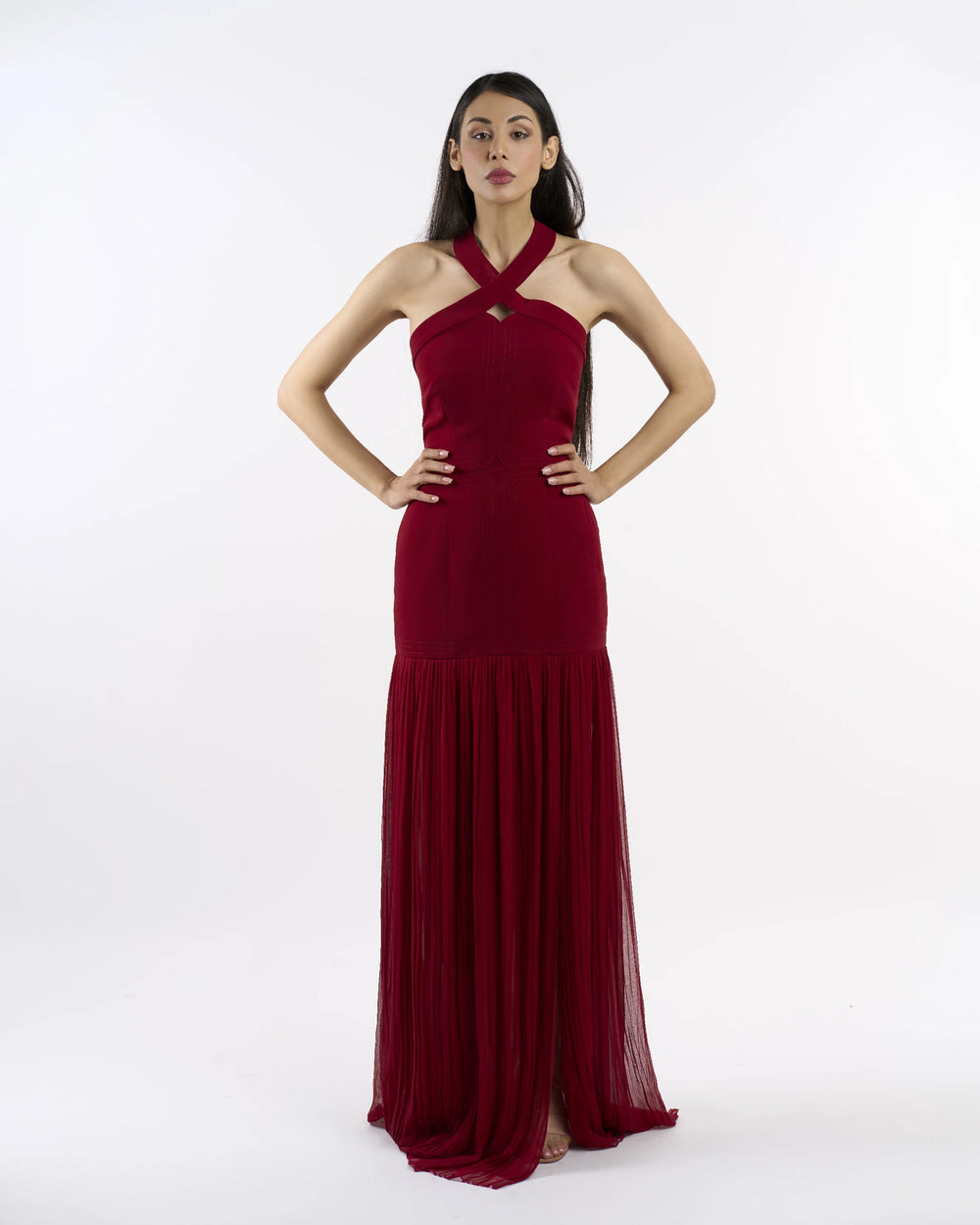 Burgundy Grace Pleat Dress