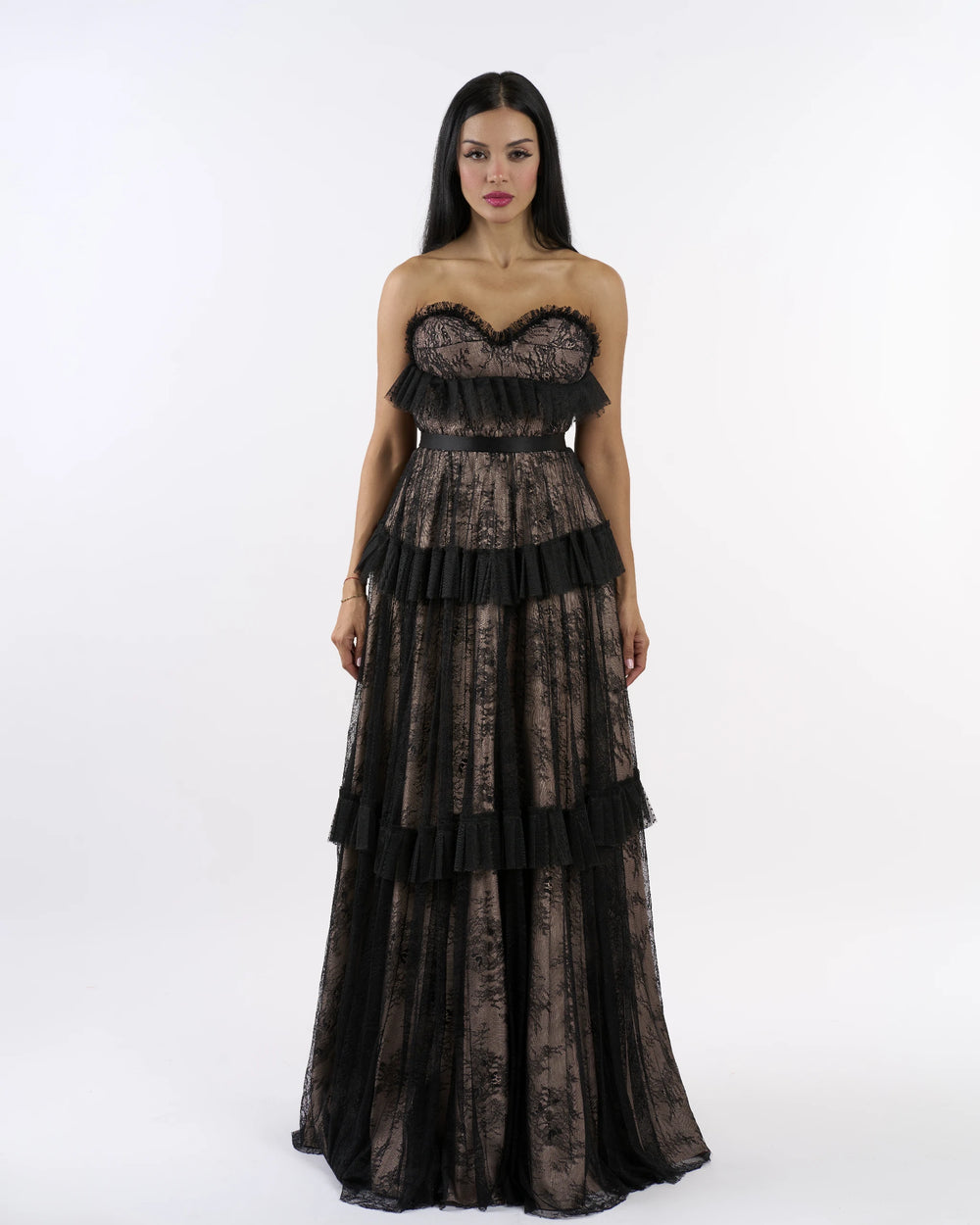 Black & nude lace tiered strapless dress
