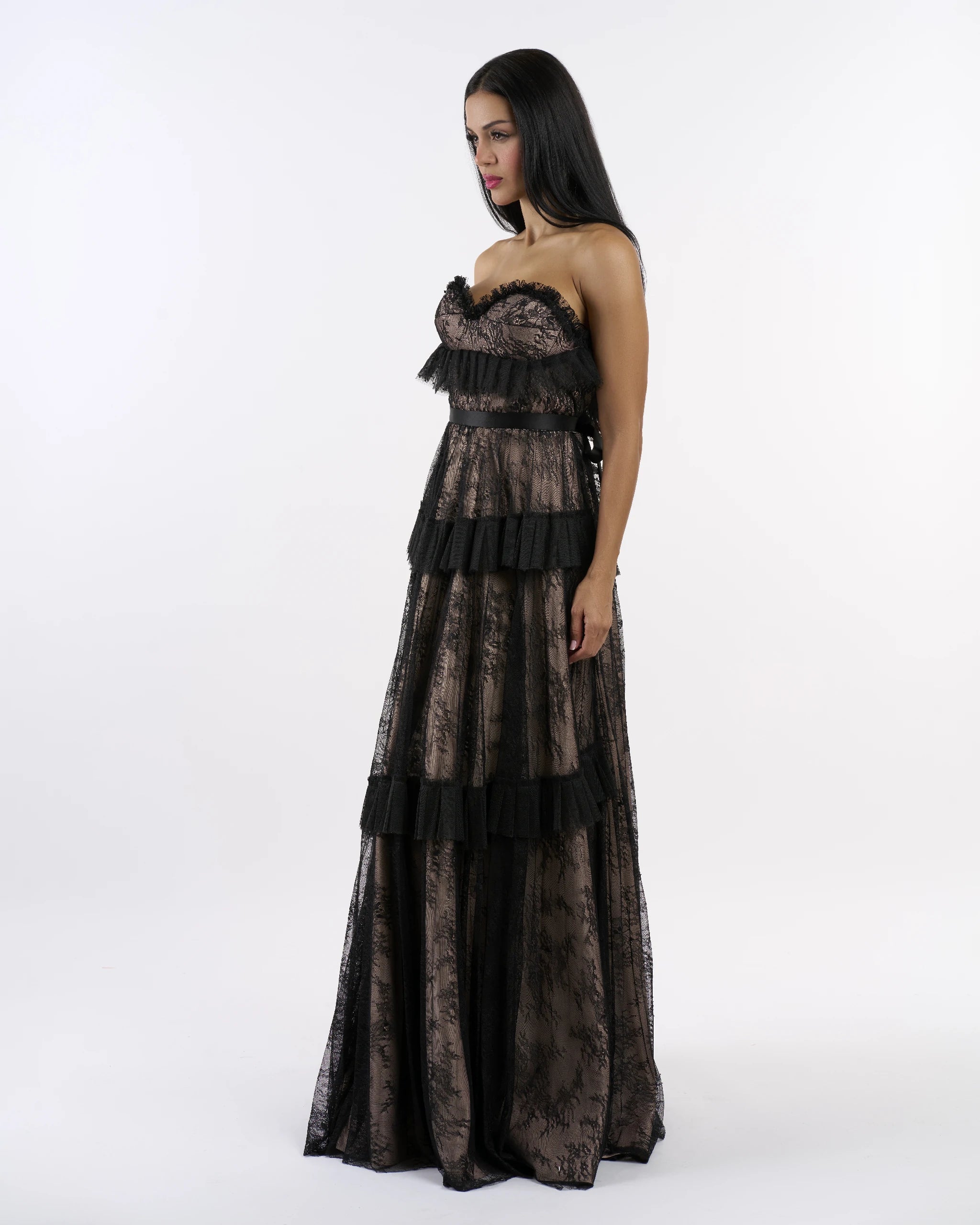 Black & nude lace tiered strapless dress