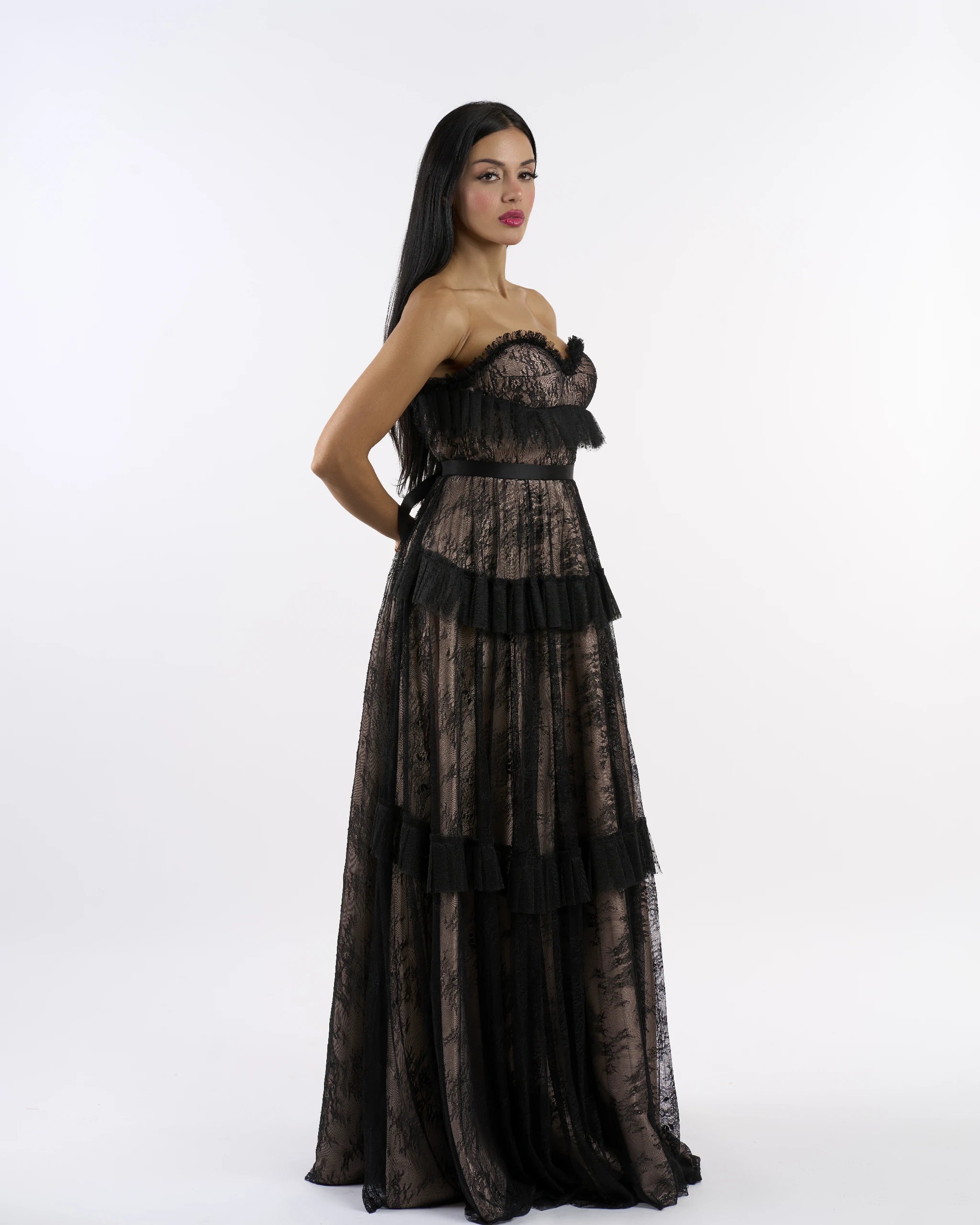 Black & nude lace tiered strapless dress